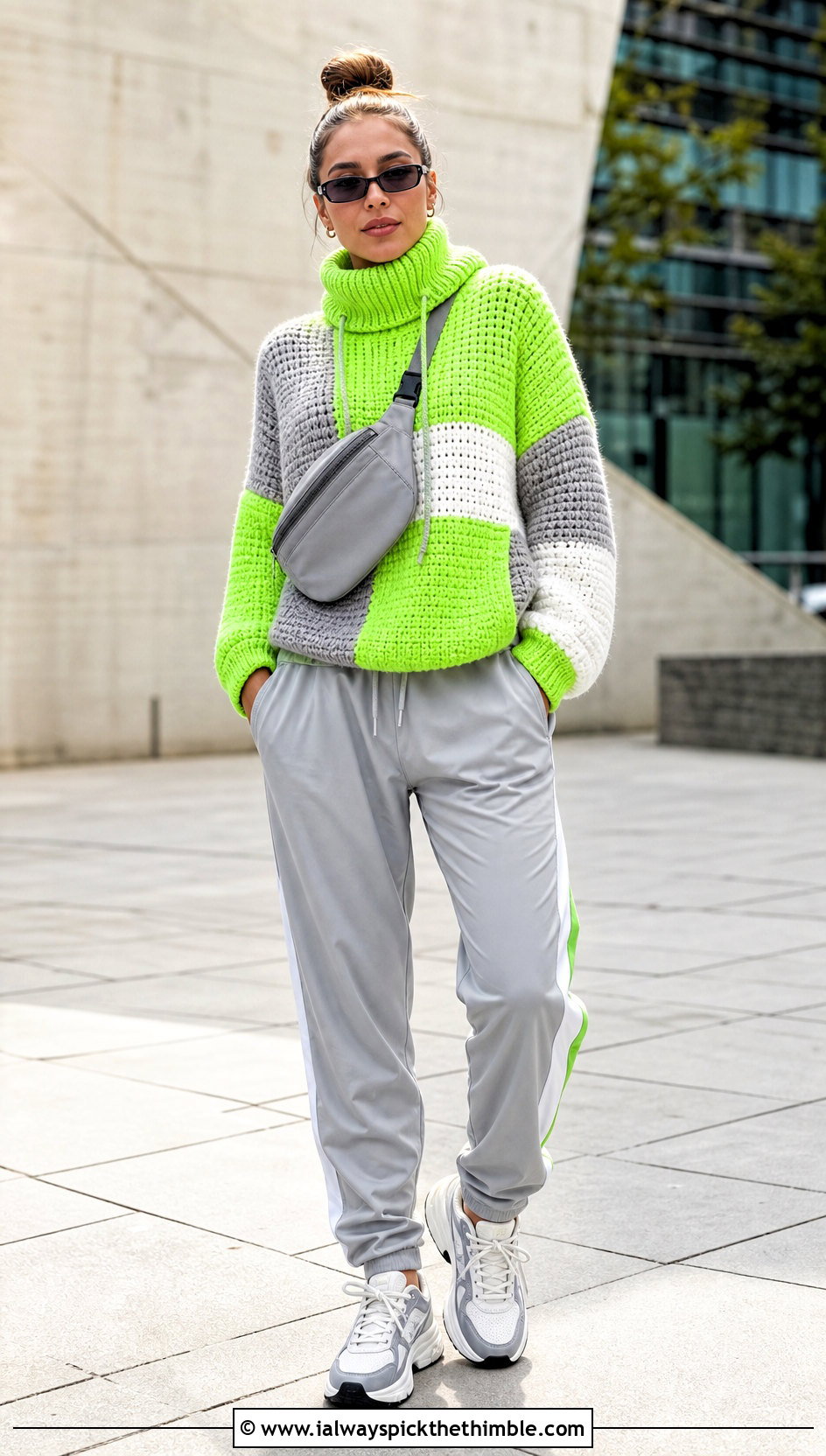 Color Block Crochet Turtleneck Hoodie With Track Pants - 25 crochet turtleneck hoodie outfit ideas