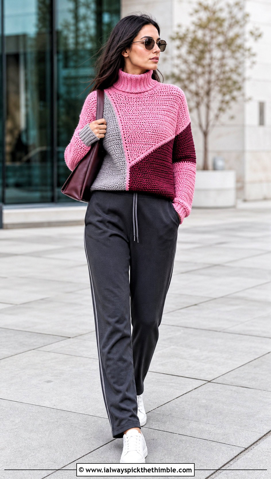 Color Block Crochet Turtleneck Sweater With Track Pants - 20 crochet turtleneck sweater outfit ideas