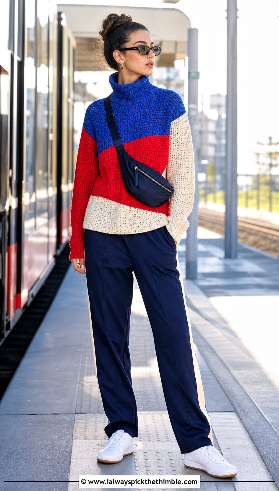 Color Block Crochet Turtleneck Top With Track Pants - 20 crochet turtleneck top outfit ideas