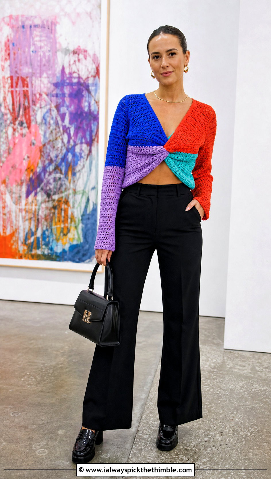 Color Block Crochet Twist Top With Black Trousers - 25 crochet twist top outfit ideas