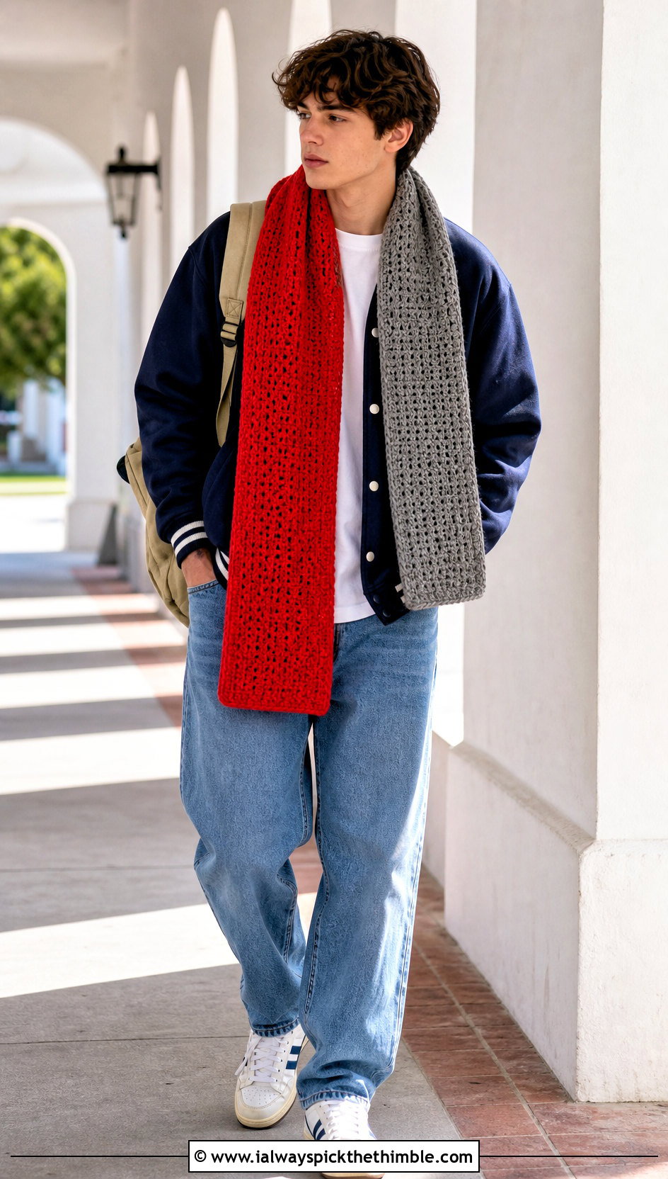 Color Block Crochet Unisex Scarf With Varsity Jacket - 15 Crochet Unisex Scarf outfit ideas
