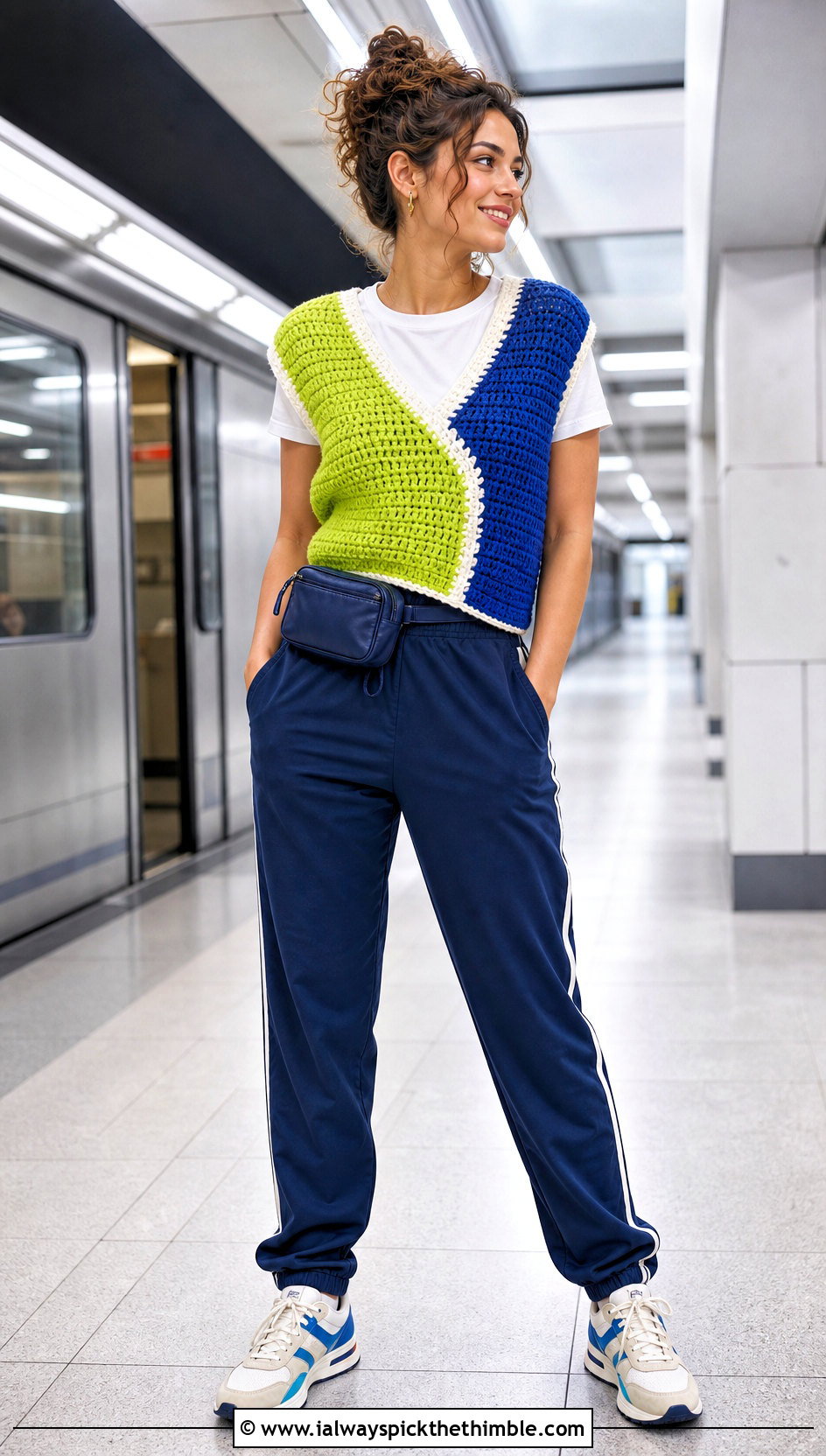 Color Block Crochet V Neck Vest With Track Pants - 20 crochet v neck vest outfit ideas