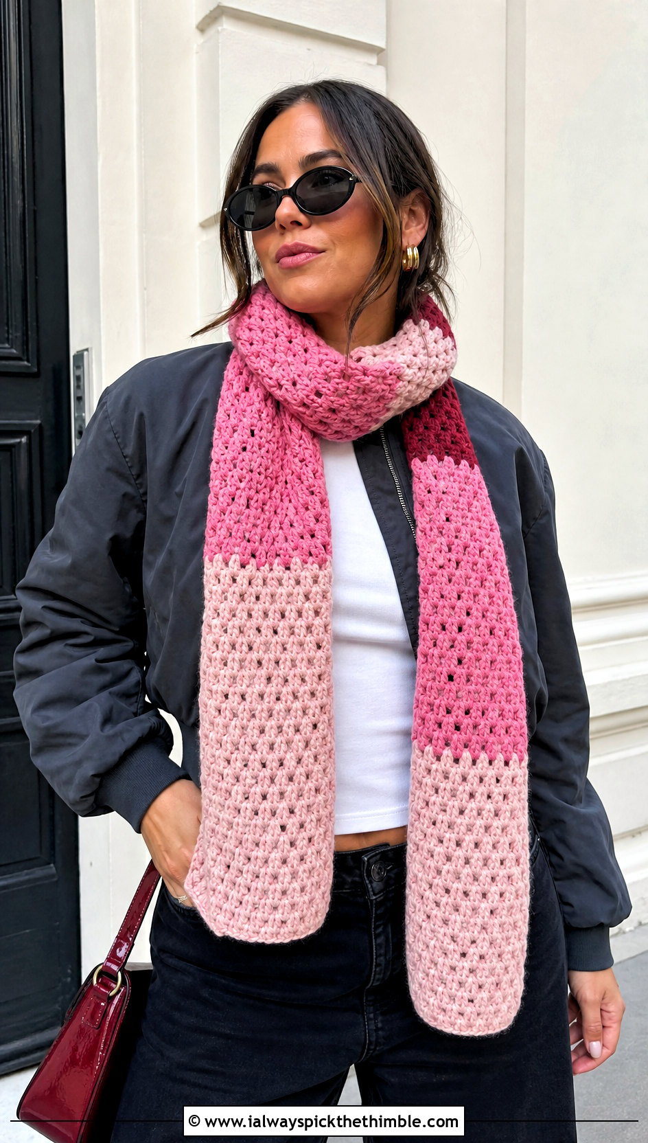 Color Block Crochet Velvet Scarf With Bomber Jacket - 20 Crochet Velvet Scarf outfit ideas