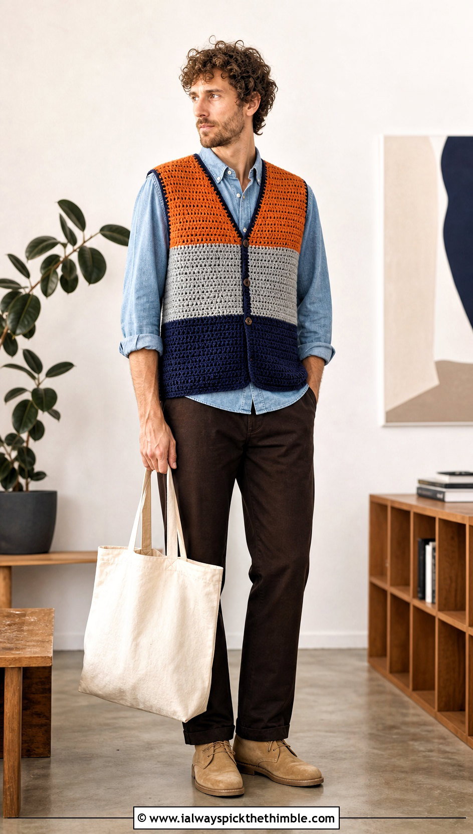 Color Block Crochet Vest With Chambray Shirt - 25 crochet vest for men outfit ideas