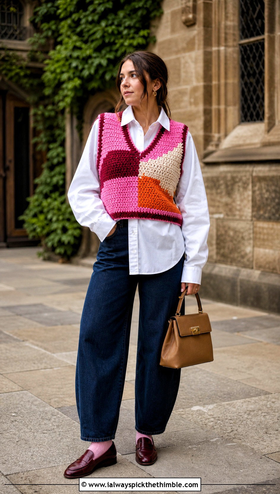 Color Block Crochet Vest With White Shirt And Jeans - 15 colorful crochet clothing design outfit ideas