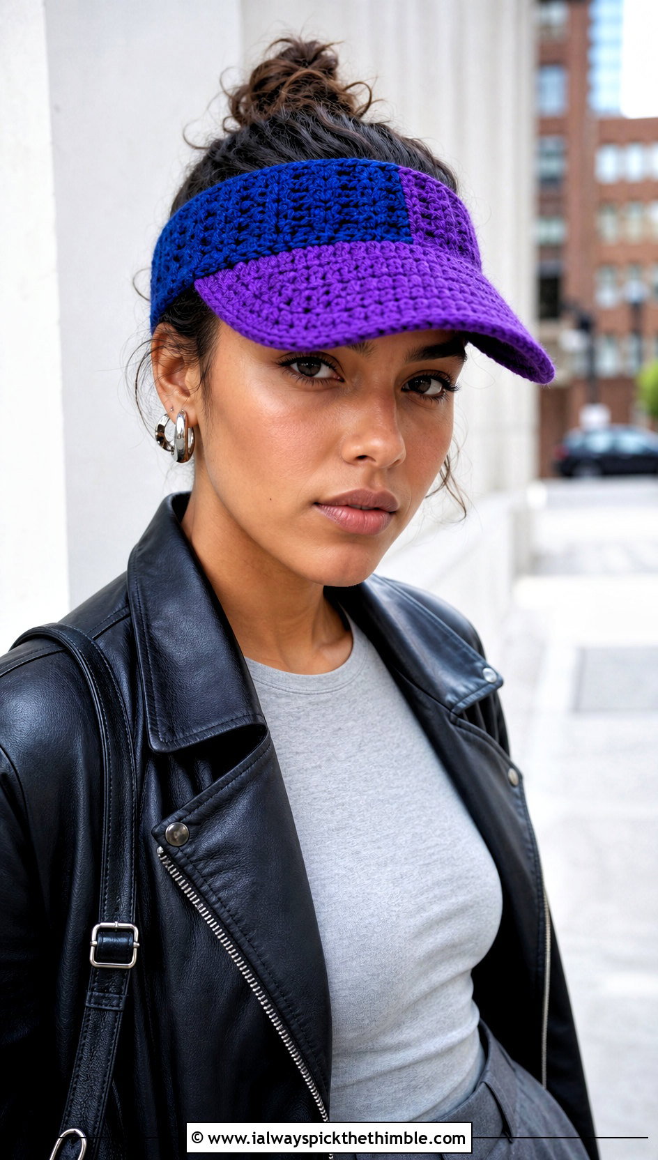 Color Block Crochet Visor With Leather Jacket And Wide Leg Pants - 20 crochet visor hat outfit ideas