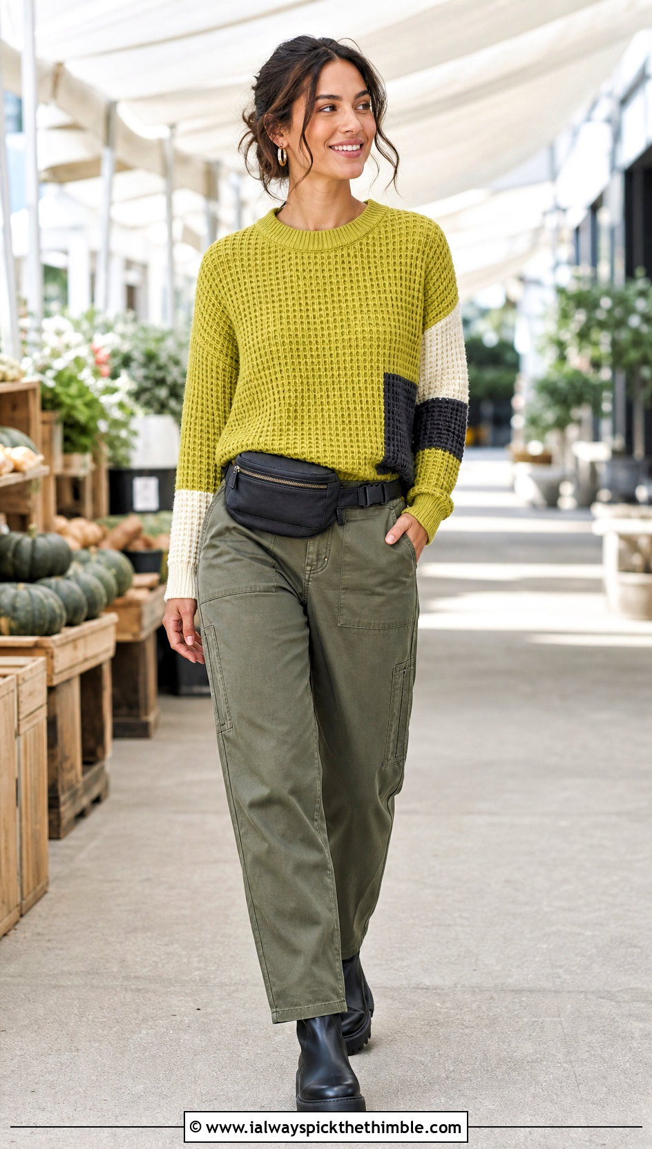 Color Block Crochet Waffle Sweater With Utility Pants - 15 Crochet Waffle Sweater outfit ideas