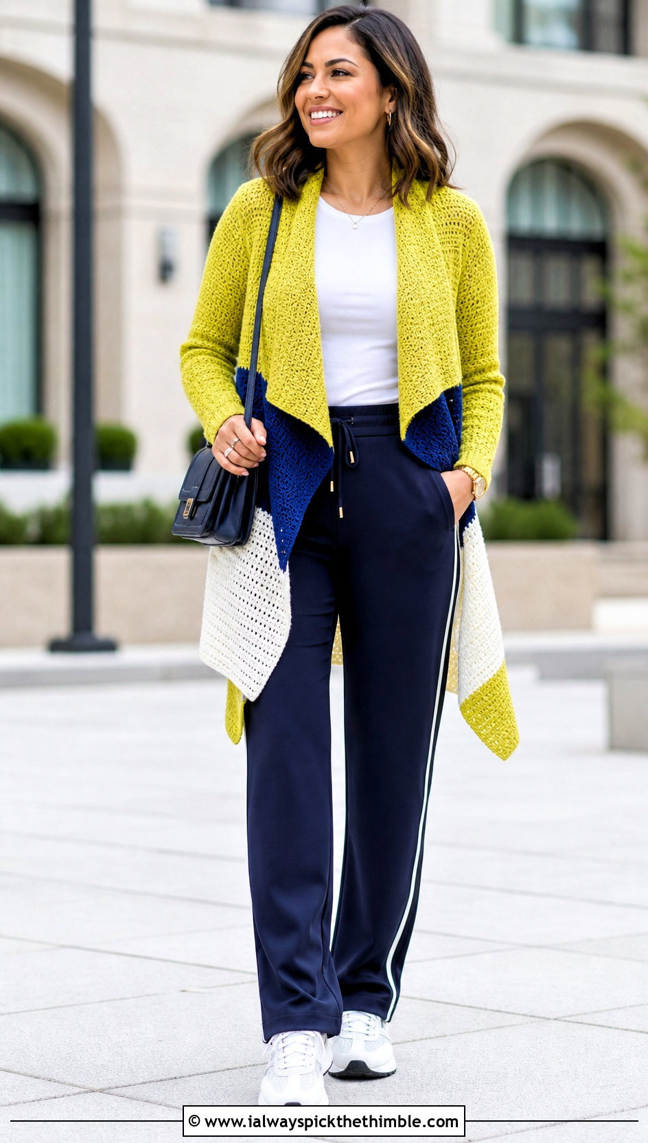 Color Block Crochet Waterfall Cardigan With Track Pants - 20 crochet waterfall cardigan outfit ideas