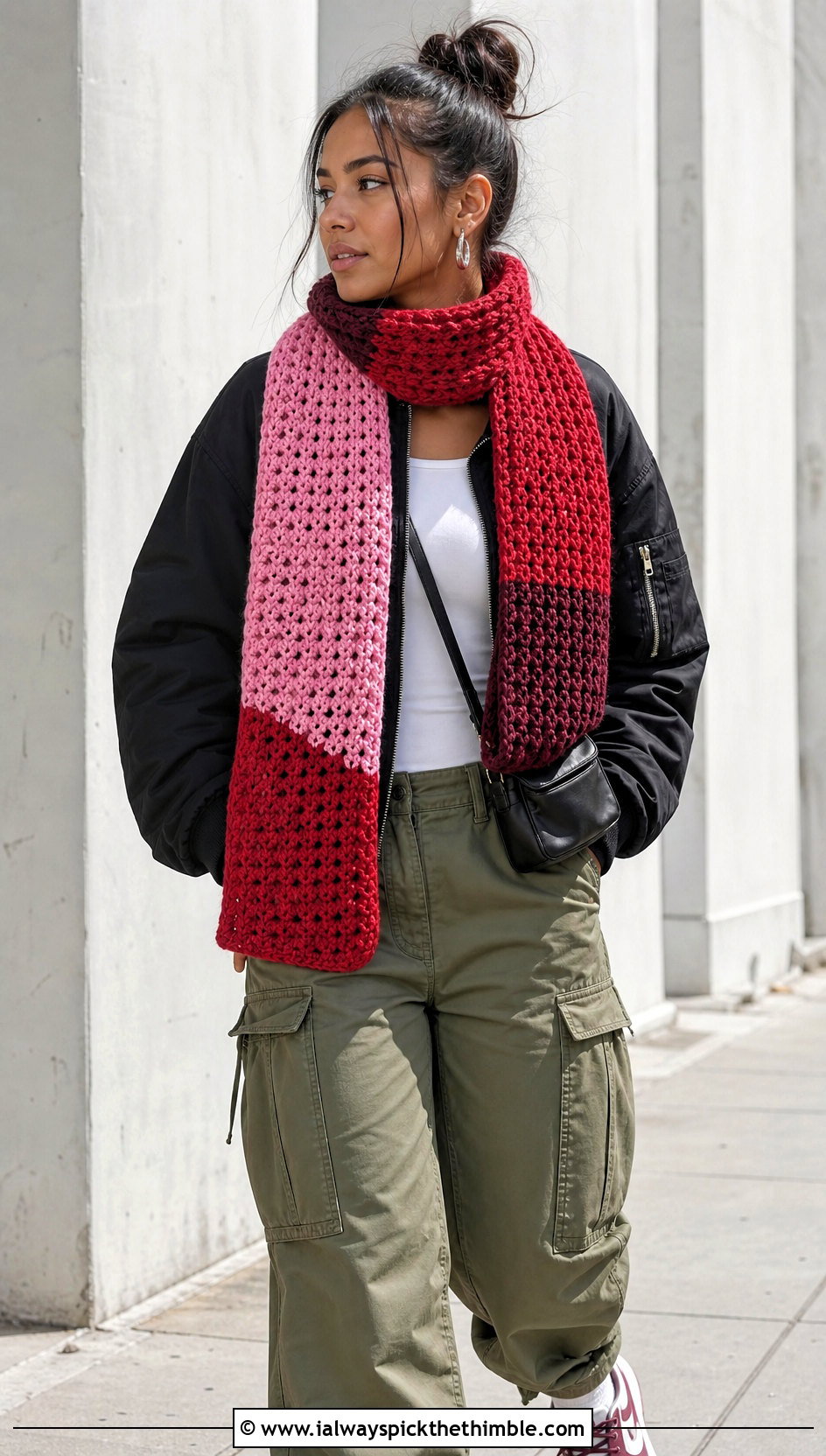 Color Block Crochet Wide Scarf With Cargo Pants - 20 Crochet Wide Scarf outfit ideas