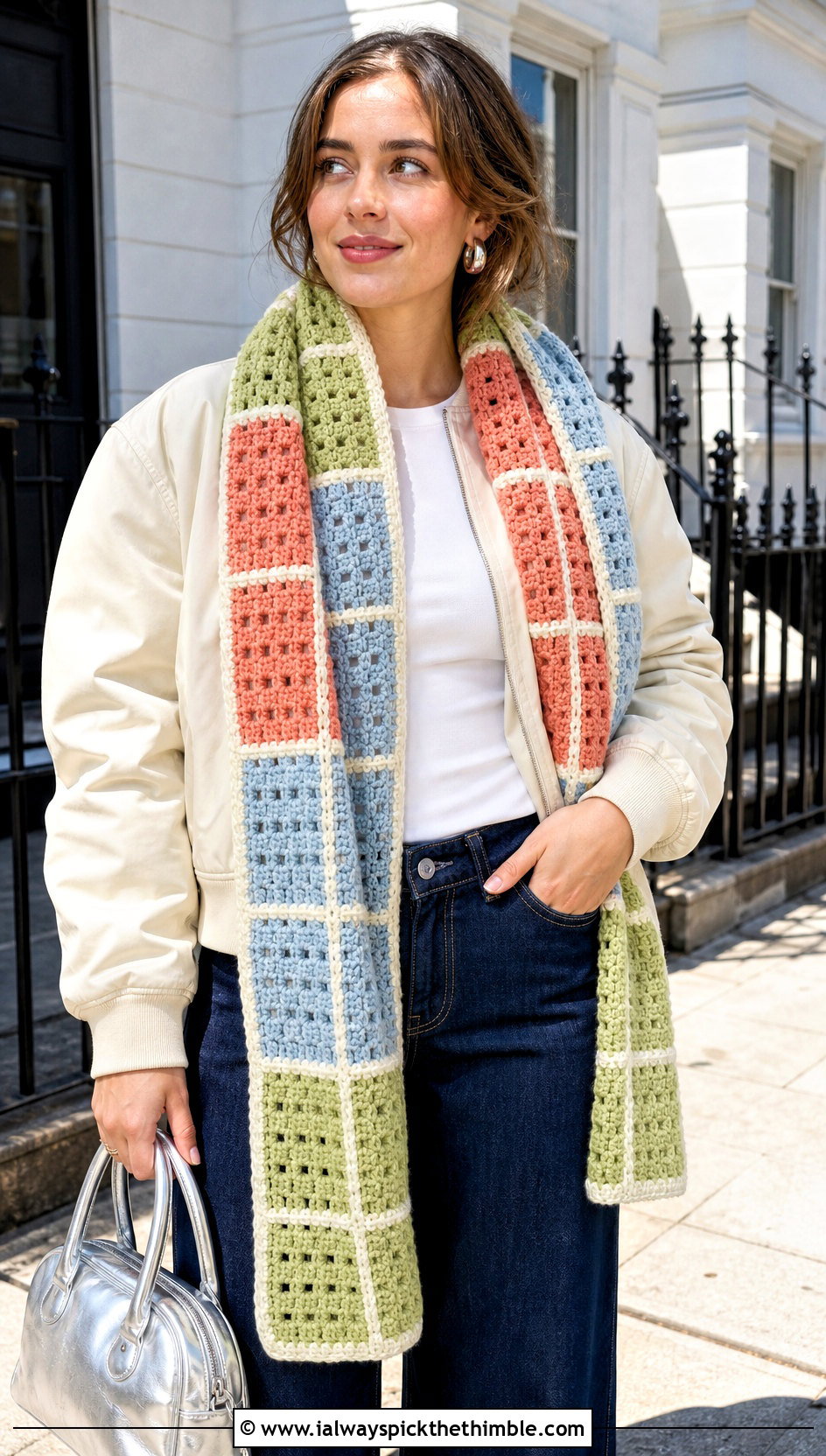 Color Block Crochet Windowpane Scarf With Bomber Jacket - 15 crochet windowpane scarf outfit ideas