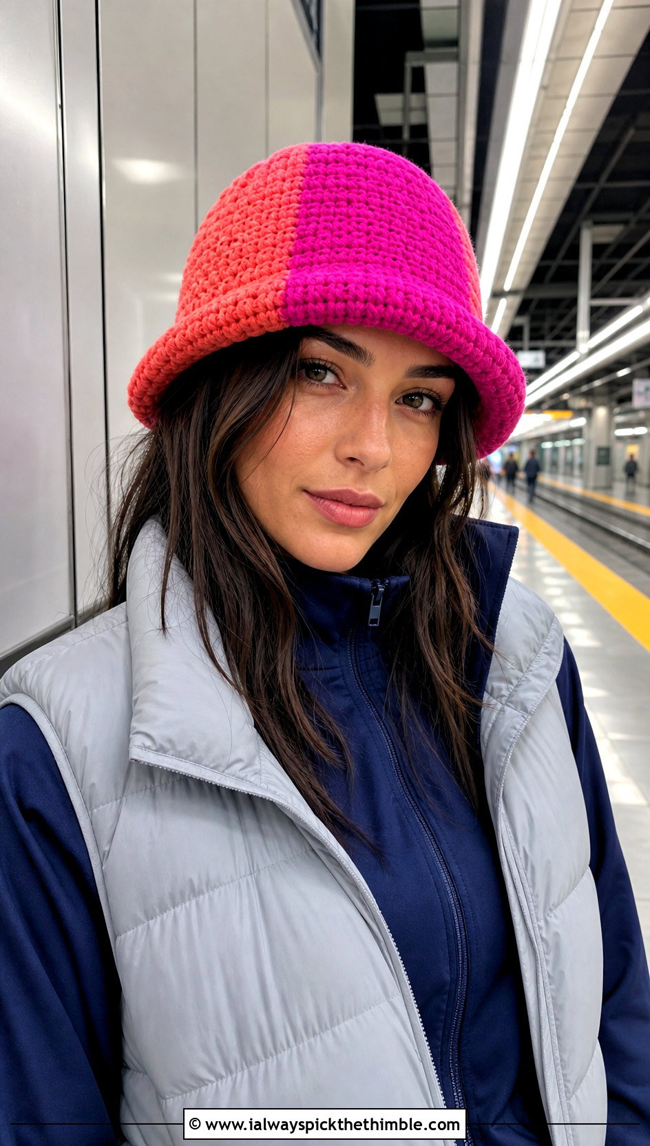 Color Block Crochet Winter Bucket Hat With Tracksuit - 25 crochet winter bucket hat outfit ideas