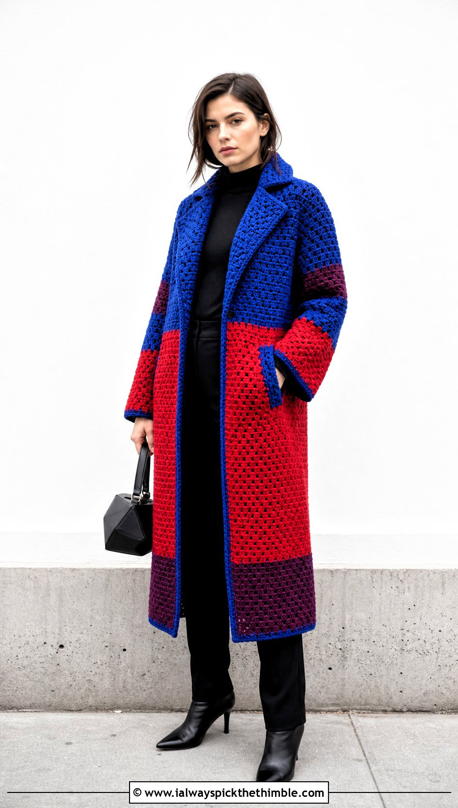 Color Block Crochet Winter Coat With All Black Basics - 20 Crochet Winter Coat outfit ideas