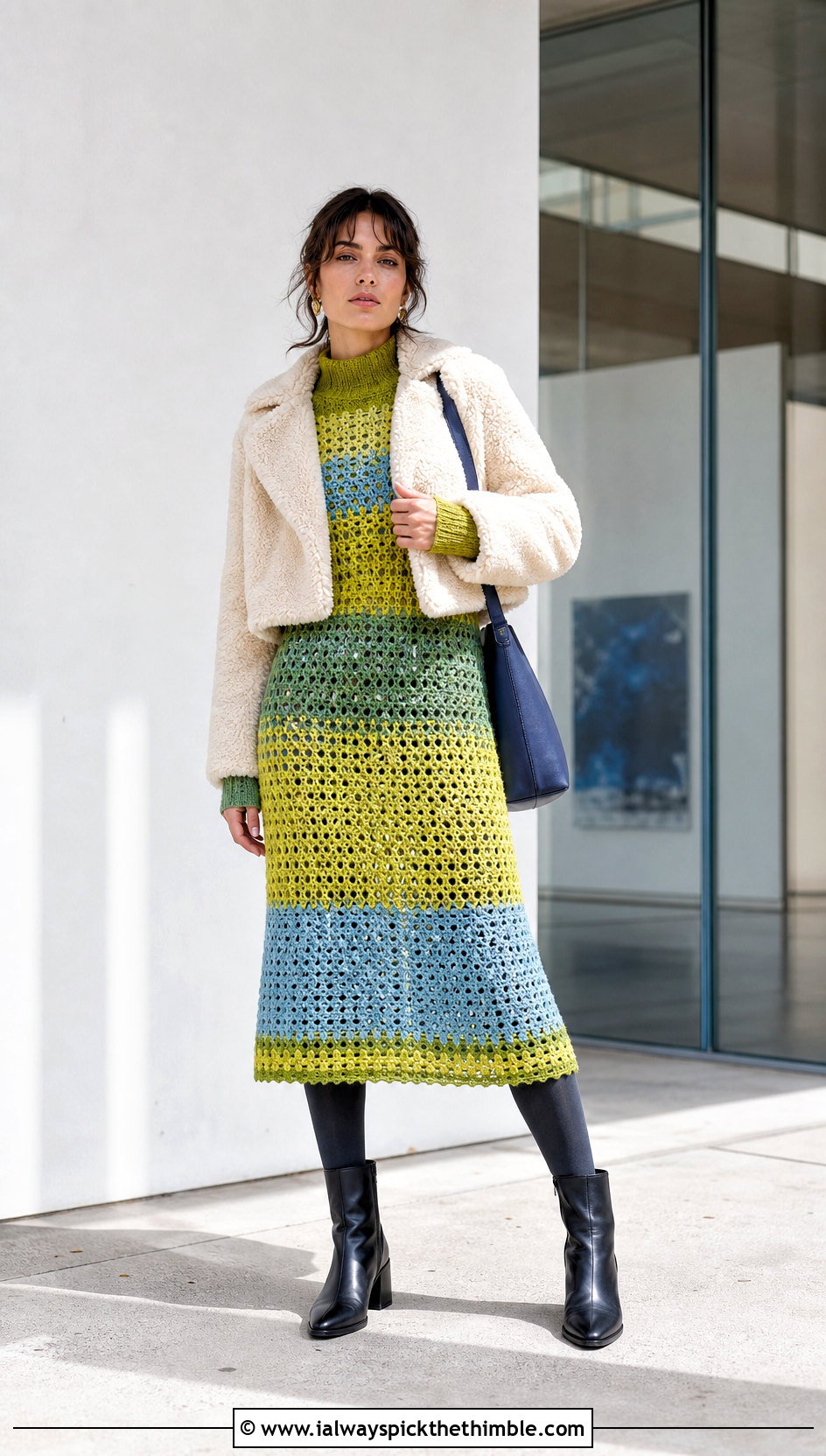 Color Block Crochet Winter Dress With Cropped Shearling Jacket - 25 crochet winter dress outfit ideas