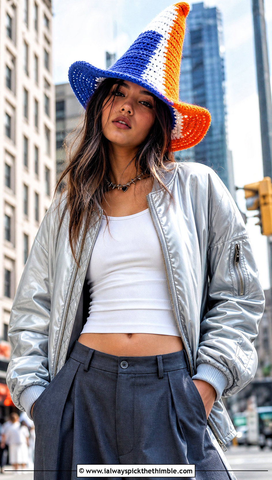 Color Block Crochet Witch Hat With Bomber Jacket - 25 crochet witch hat outfit ideas