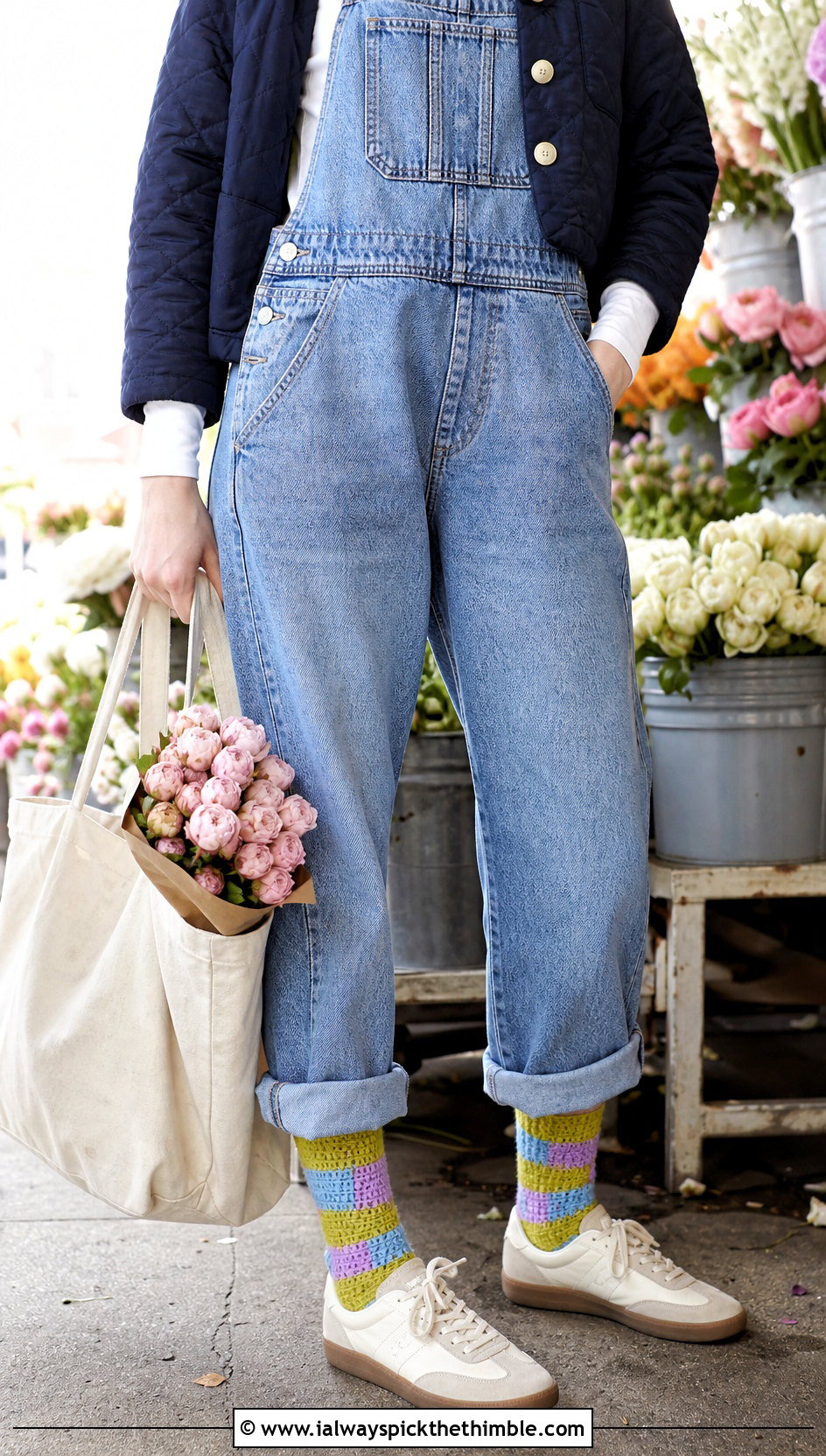 Color Block Crochet Wool Socks With Denim Overalls - 20 Crochet Wool Socks outfit ideas