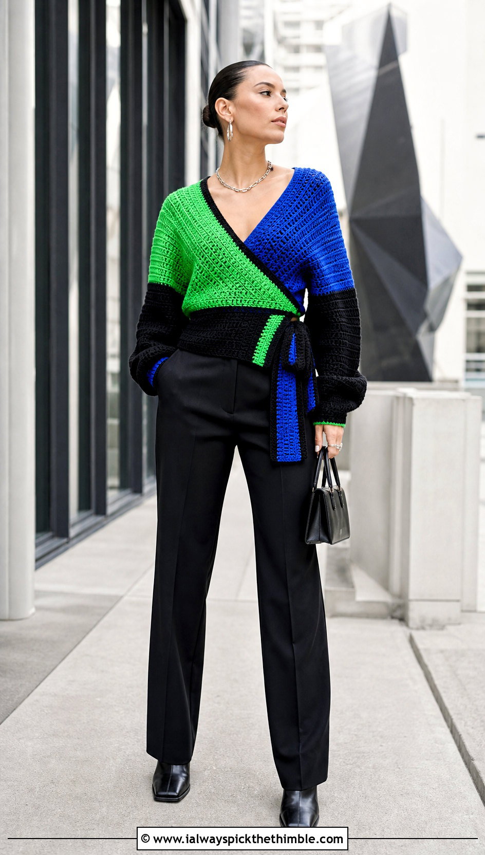 Color Block Crochet Wrap Sweater With Black Trousers - 25 crochet wrap sweater outfit ideas