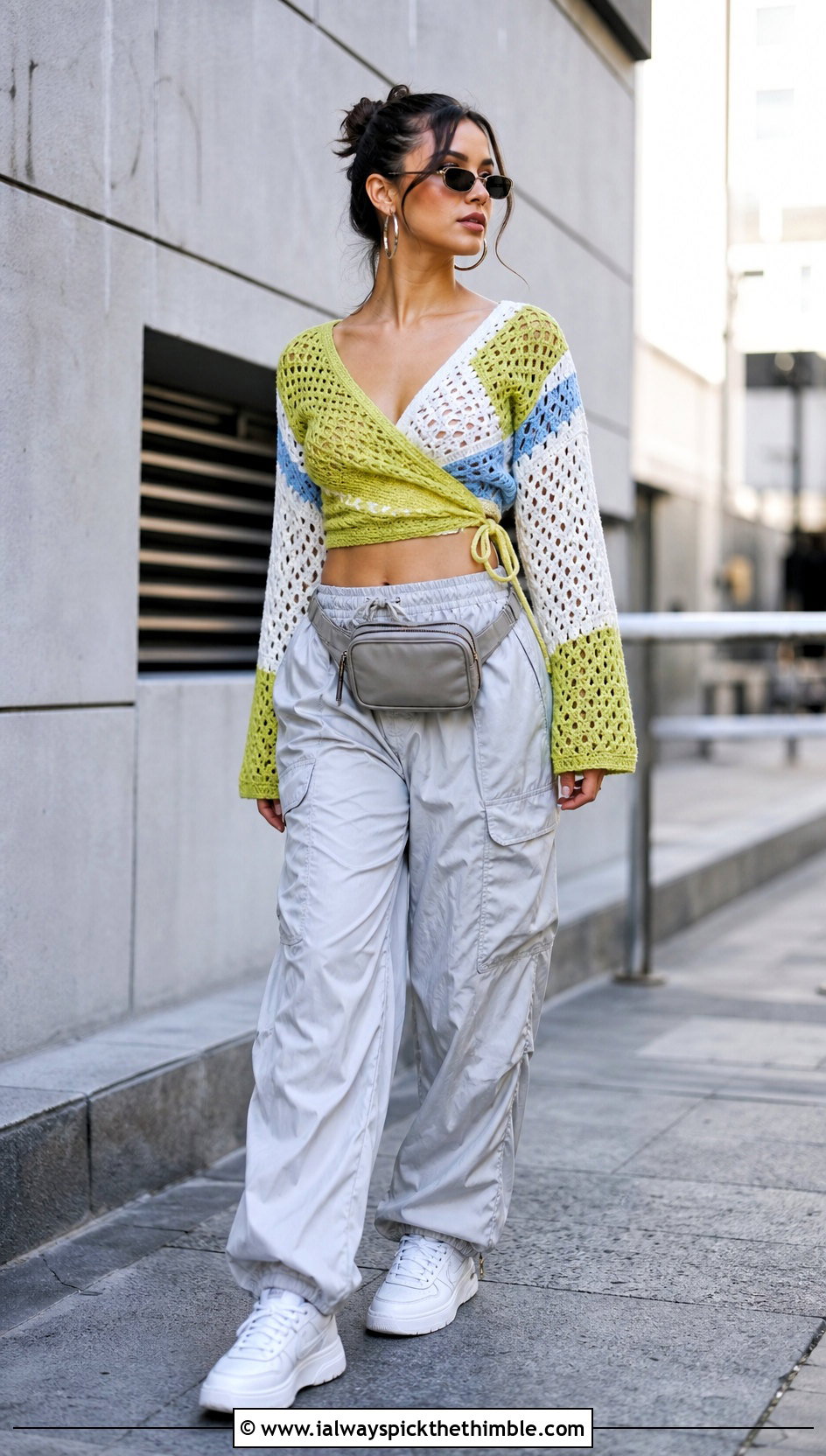 Color Block Crochet Wrap Top With Parachute Pants - 20 crochet wrap around top outfit ideas