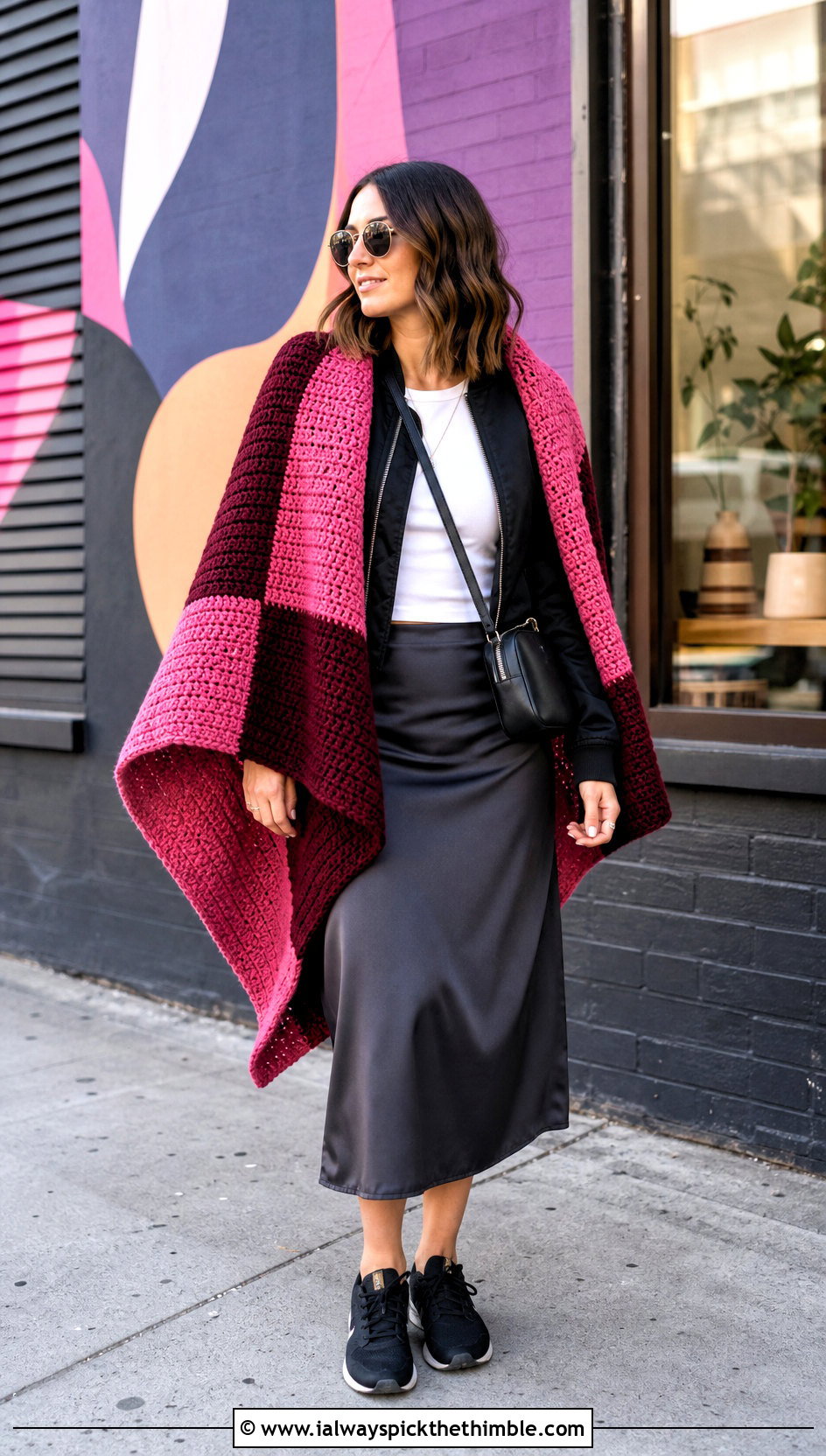 Color Block Crochet Wrap With Bomber Jacket And Skirt - 20 beautiful crochet shawls and wraps outfit ideas
