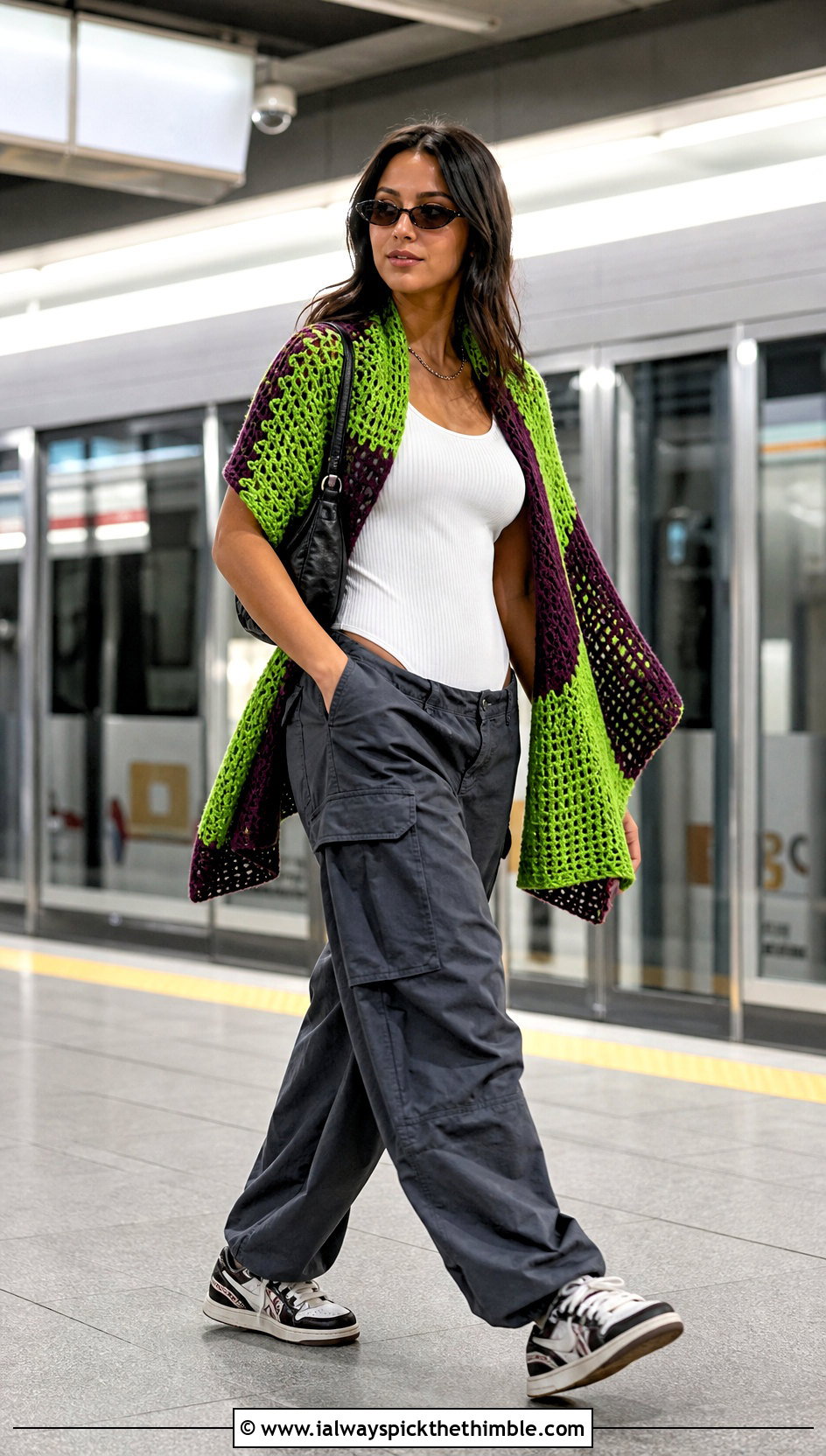 Color Block Crochet Wrap With Cargo Pants - 20 Crochet For Shawls And Wraps outfit ideas