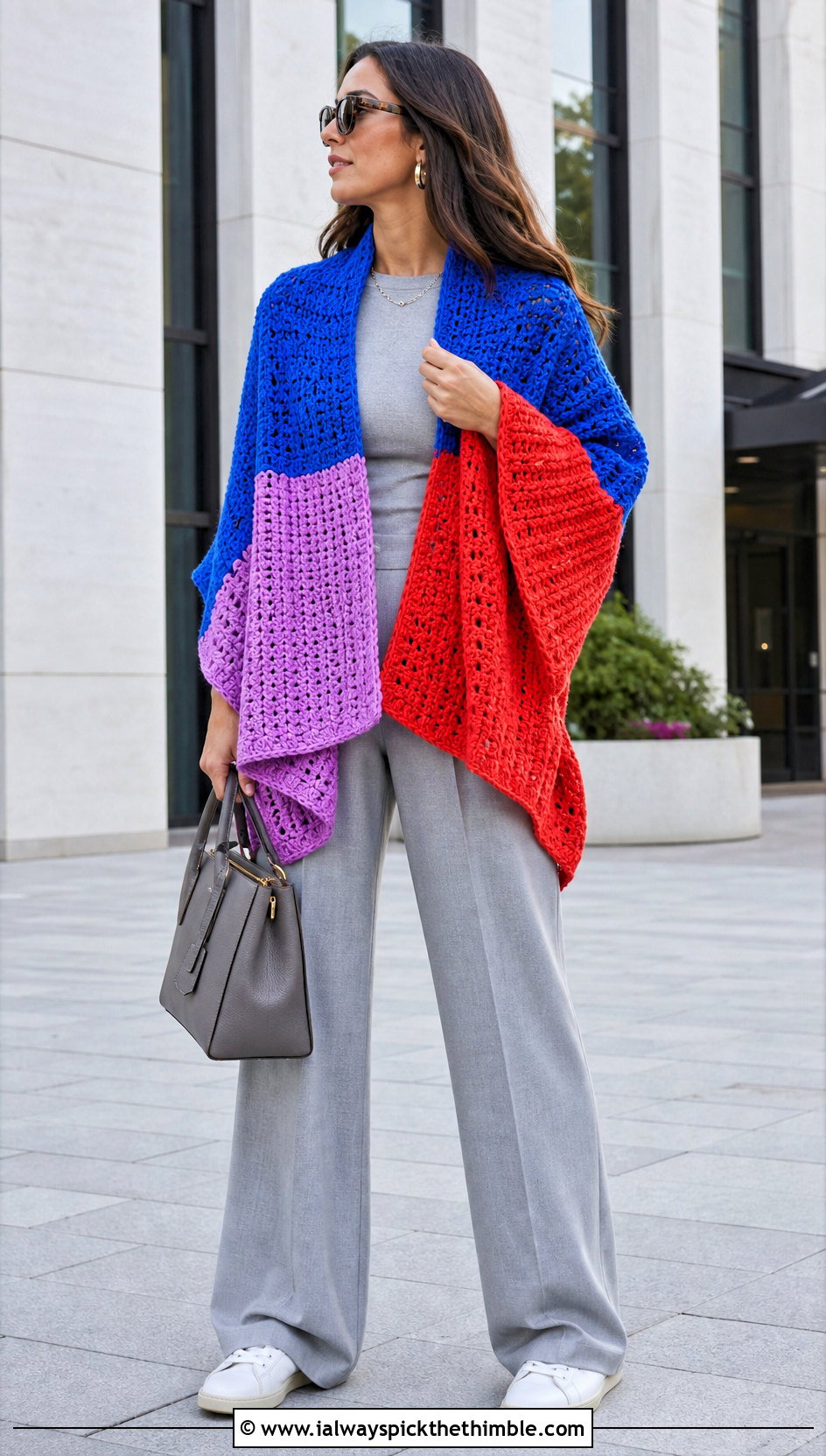 Color Block Crochet Wrap With Monochrome Basics - 25 crochet wrap shawl outfit ideas