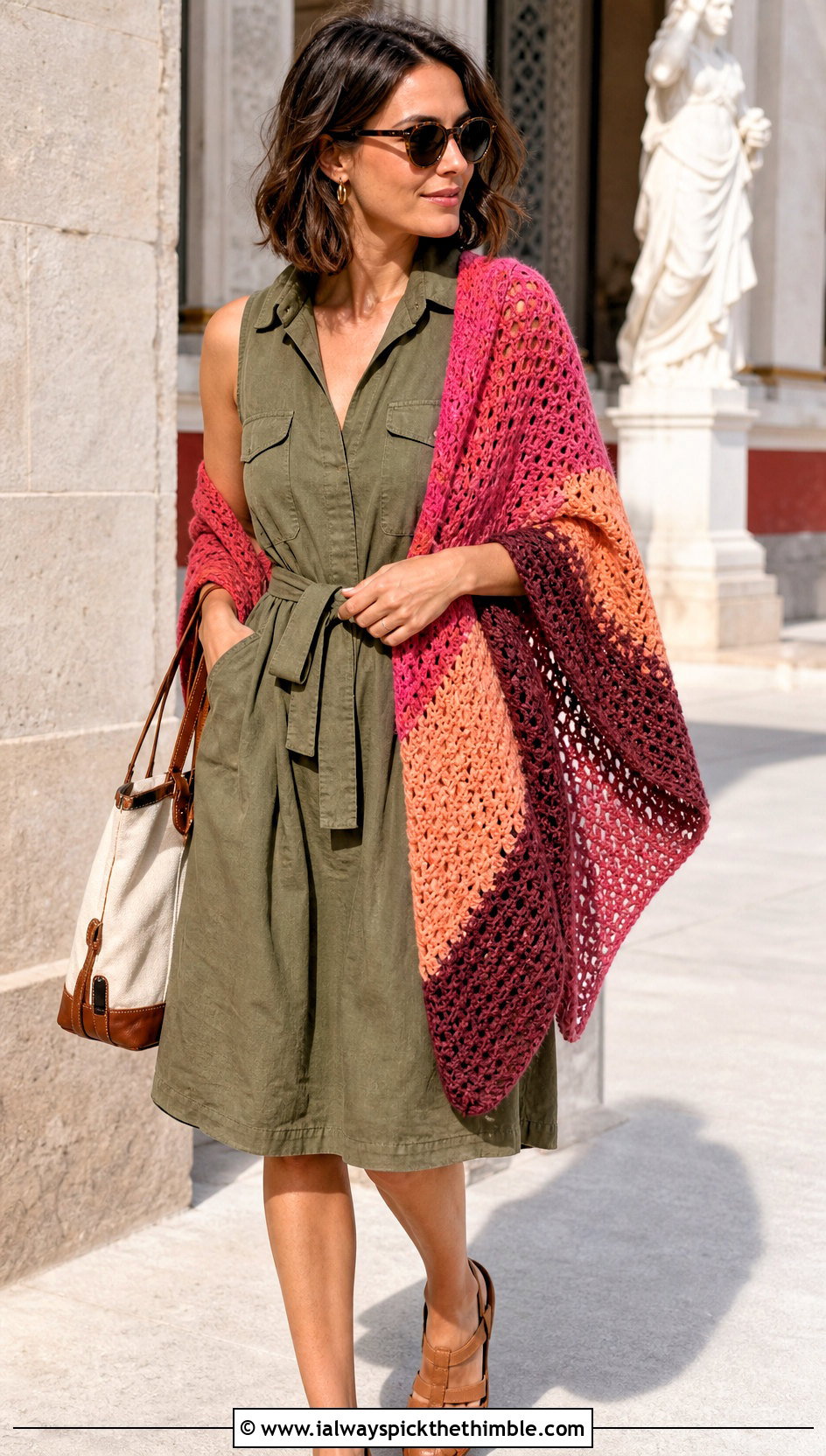 Color Block Crochet Wrap With Utility Dress - 20 summer crochet shawl outfit ideas