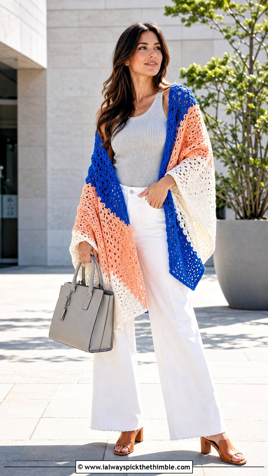 Color Block Crochet Wrap With White Jeans - 25 crochet shawls and wraps outfit ideas