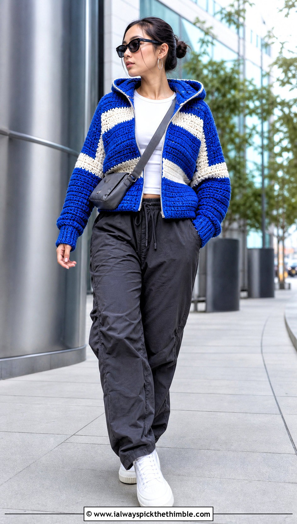 Color Block Crochet Zip Turtleneck Hoodie With Parachute Pants - 20 crochet turtle neck hoodie outfit ideas