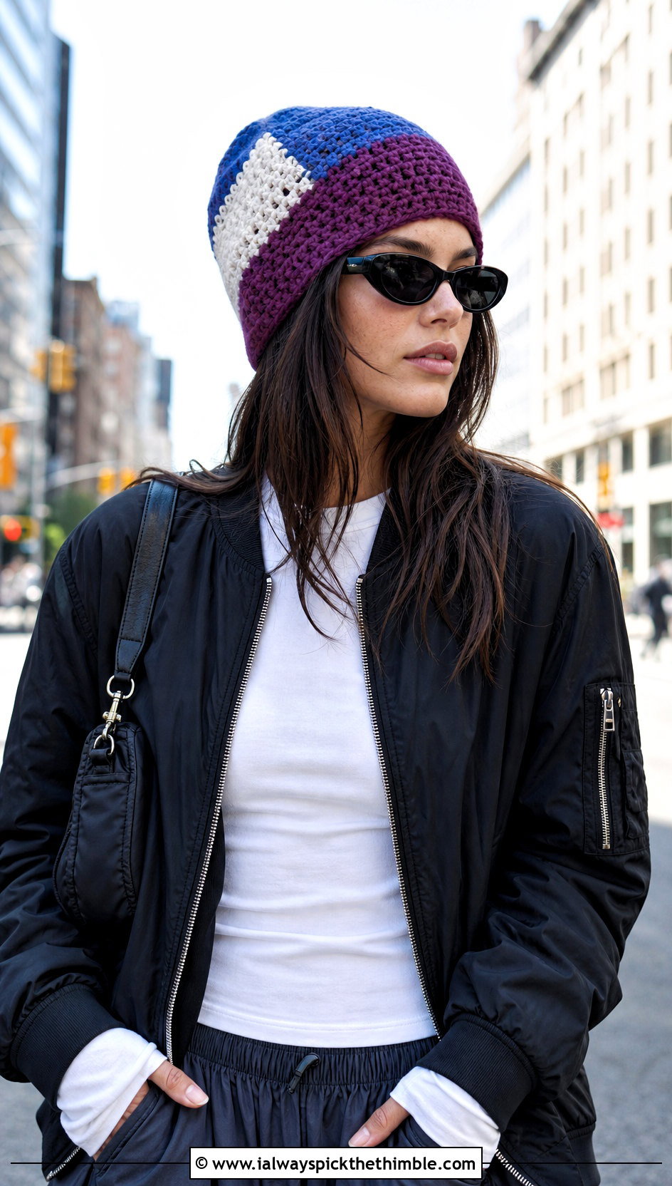 Color Block Crocheted Beanie With Bomber Jacket And Parachute Pants - 25 crocheted beanies outfit ideas