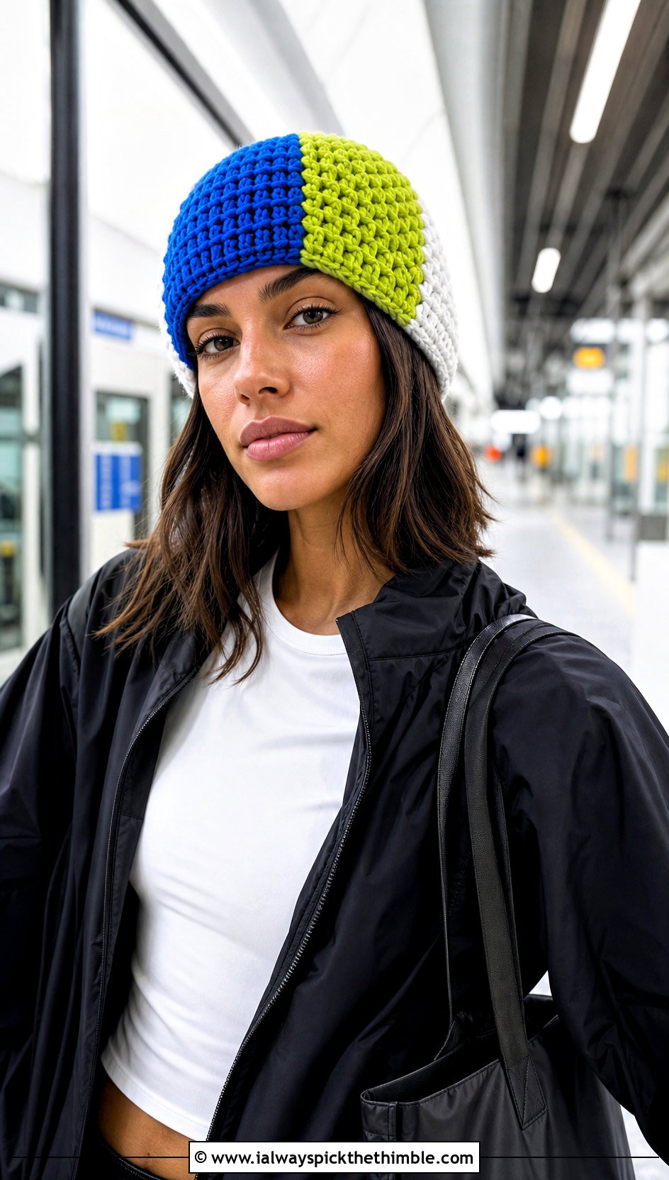 Color Block Crocheted Beanie With Monochrome Athleisure - 25 crocheted beanie outfit ideas