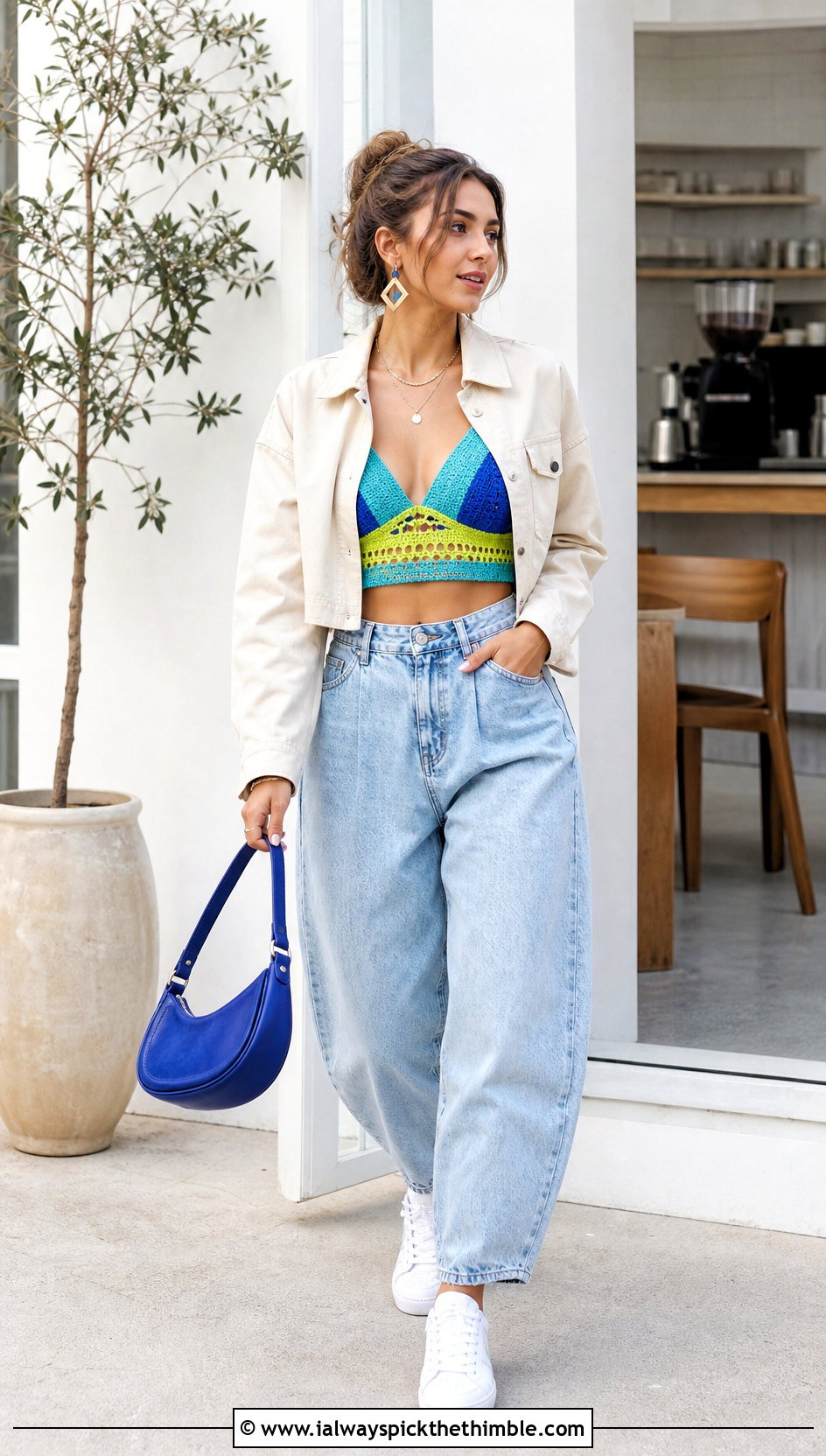 Color Block Crocheted Bralette With Barrel Jeans - 20 crocheted bralette outfit ideas
