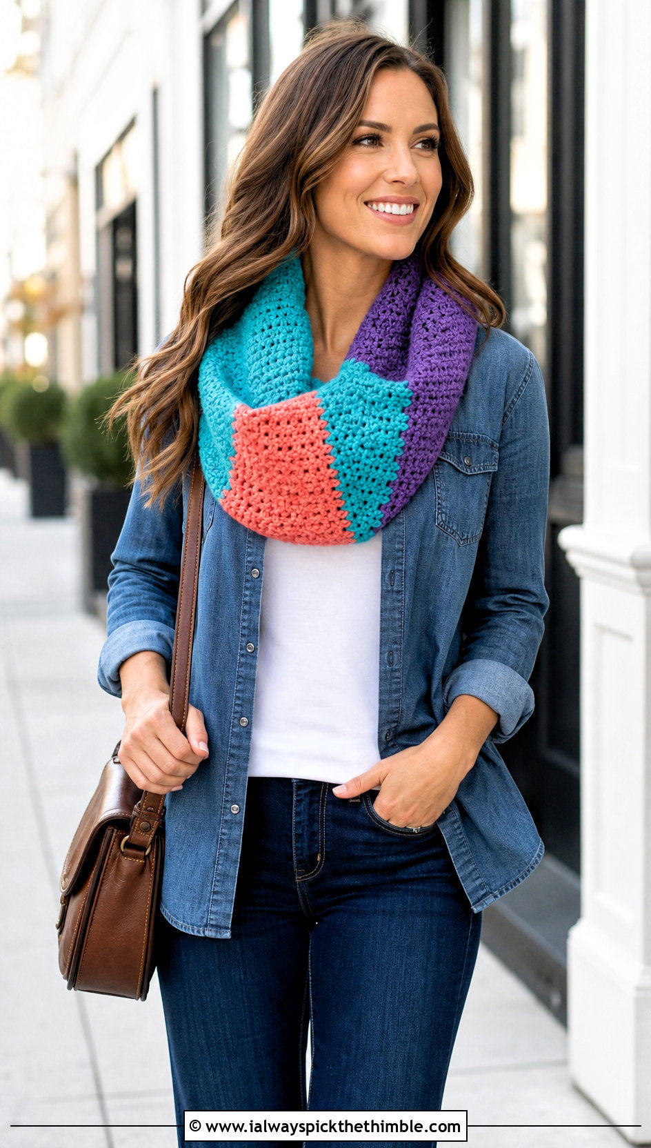 Color Block Crocheted Cowl With Denim Shirt - 20 Crocheted Cowl outfit ideas