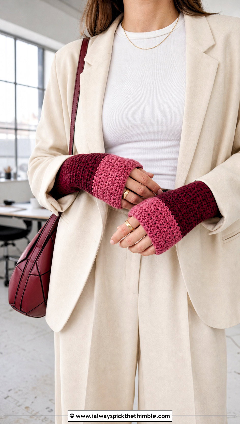 Color Block Crocheted Fingerless Gloves With Suit And Sneakers - 20 crocheted fingerless gloves outfit ideas