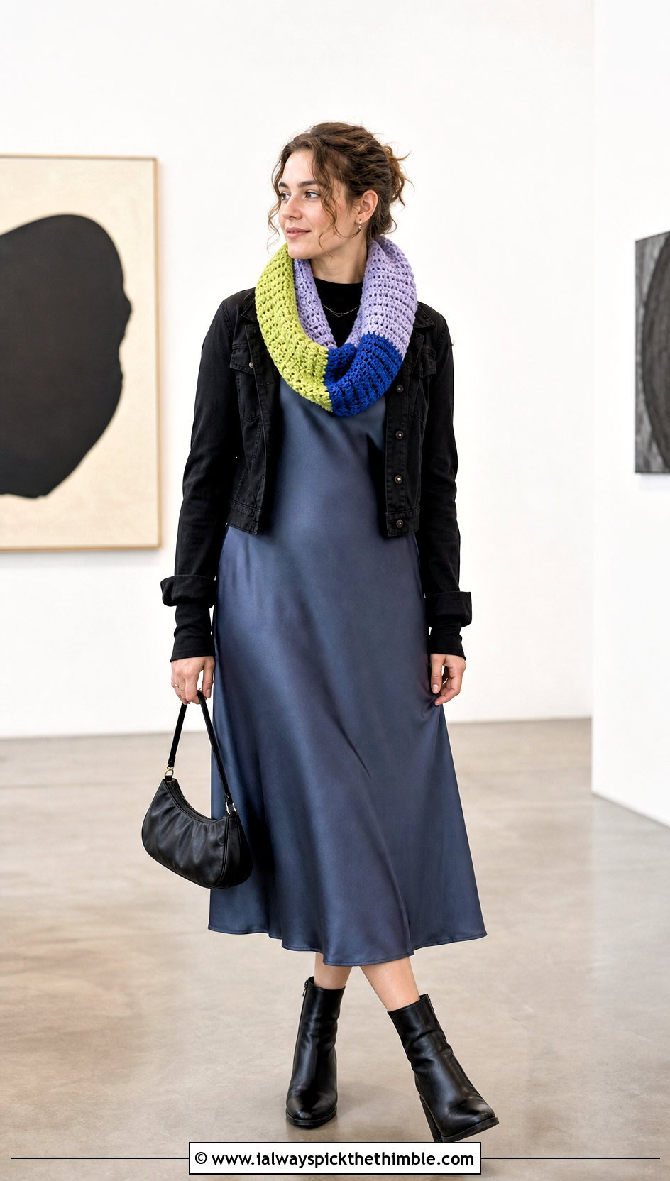 Color Block Crocheted Infinity Scarf With Slip Dress - 20 Crocheted Infinity Scarf outfit ideas