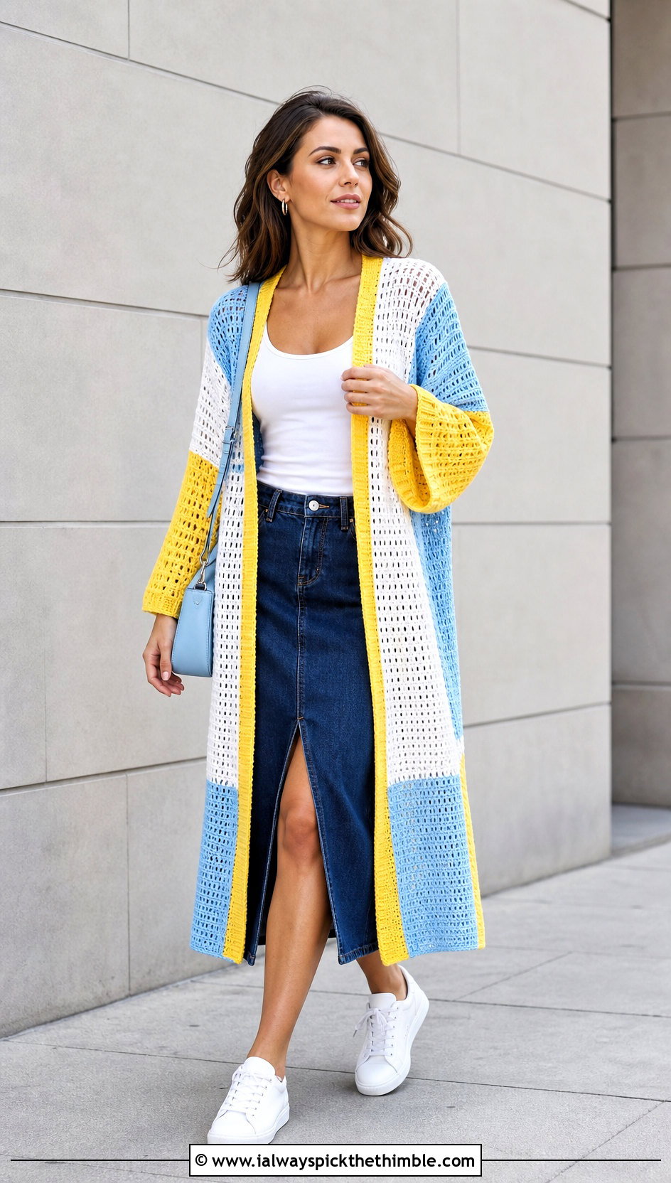 Color Block Crocheted Kimono With Denim Midi Skirt - 20 Crocheted Kimono outfit ideas