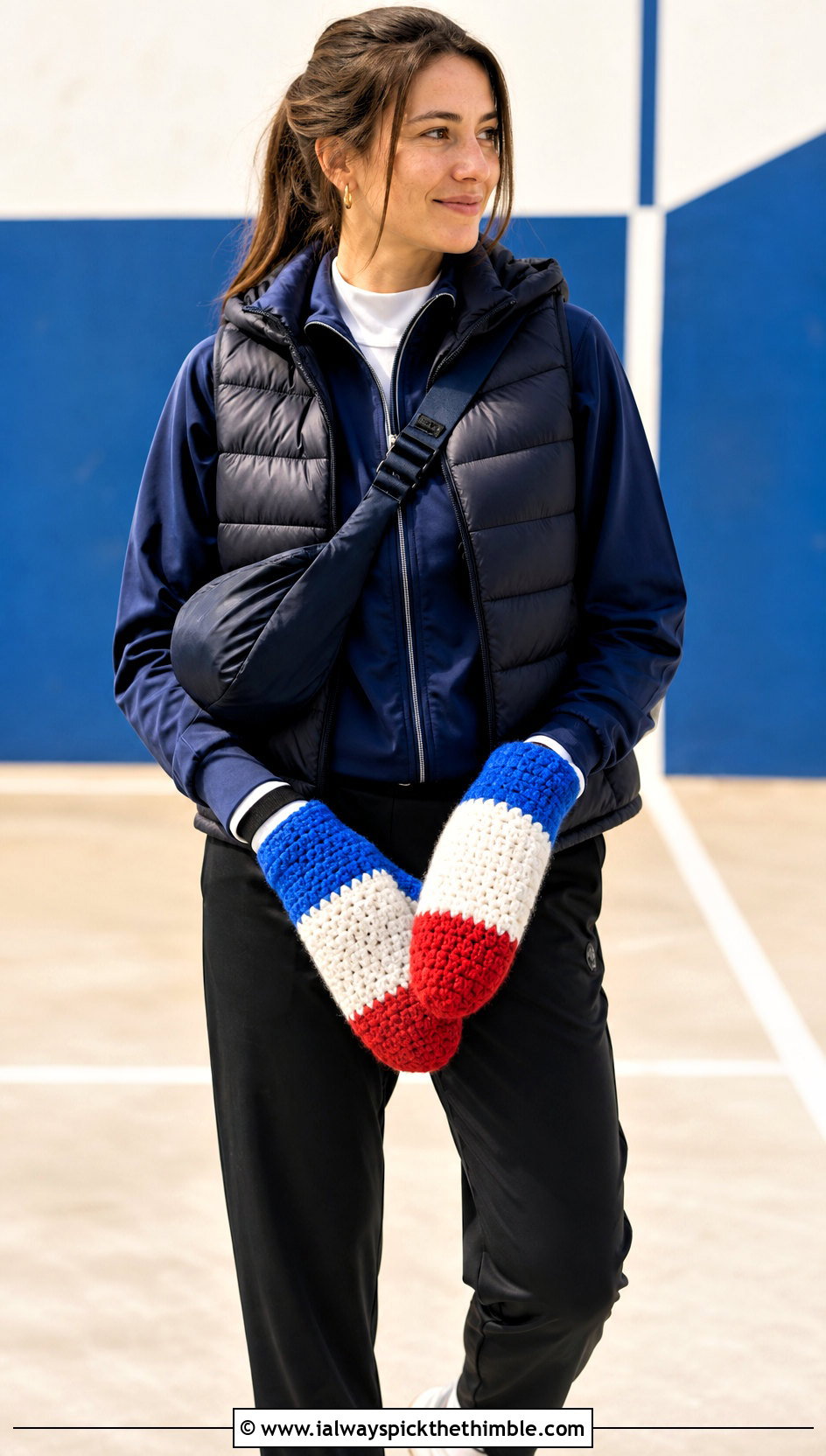Color Block Crocheted Mittens With Track Jacket - 20 Crocheted Mittens outfit ideas