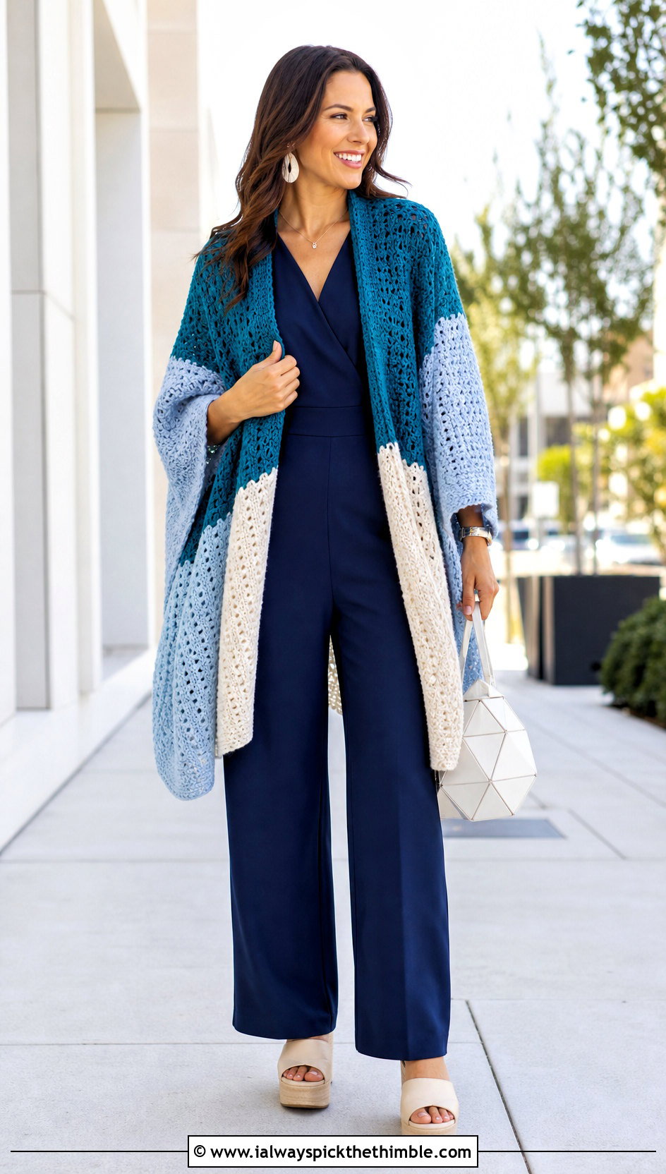 Color Block Crocheted Ruana With Jumpsuit - 20 Crocheted Ruana outfit ideas
