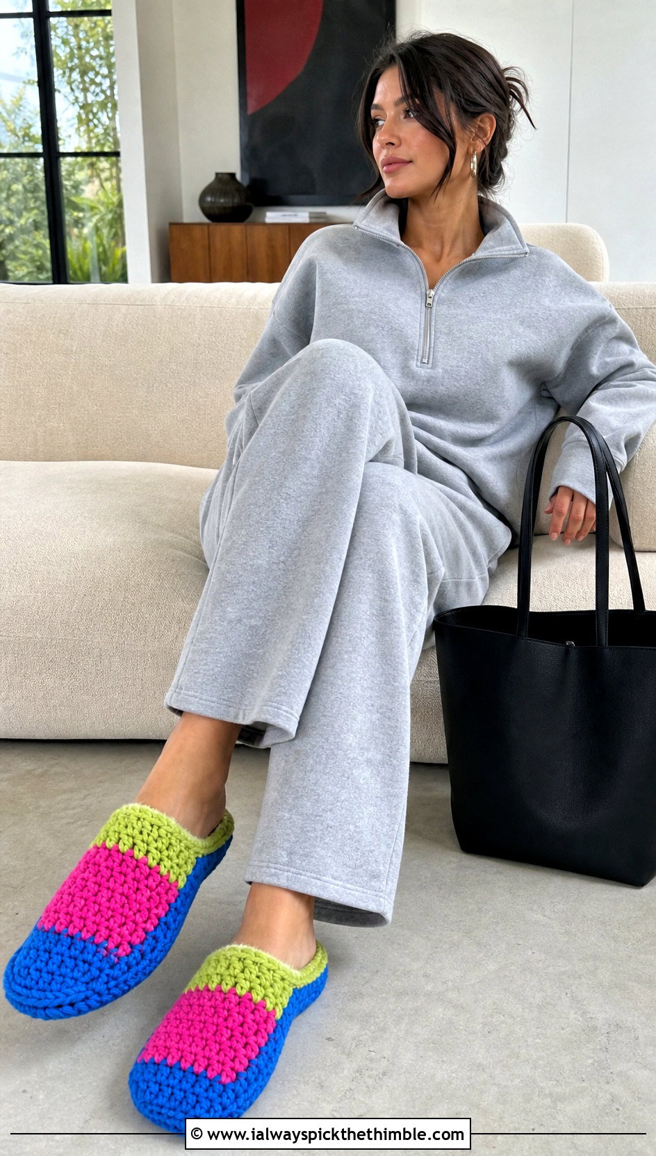 Color Block Crocheted Slippers With a Monochrome Lounge Set - 20 Easy Crocheted Slippers outfit ideas