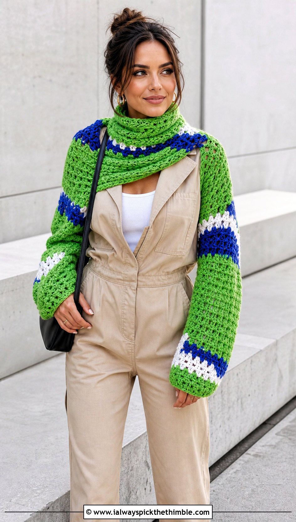Color Block Crocheted Sweater Scarf With Sleeves And Utility Jumpsuit - 15 Crocheted Sweater Scarf With Sleeves outfit ideas