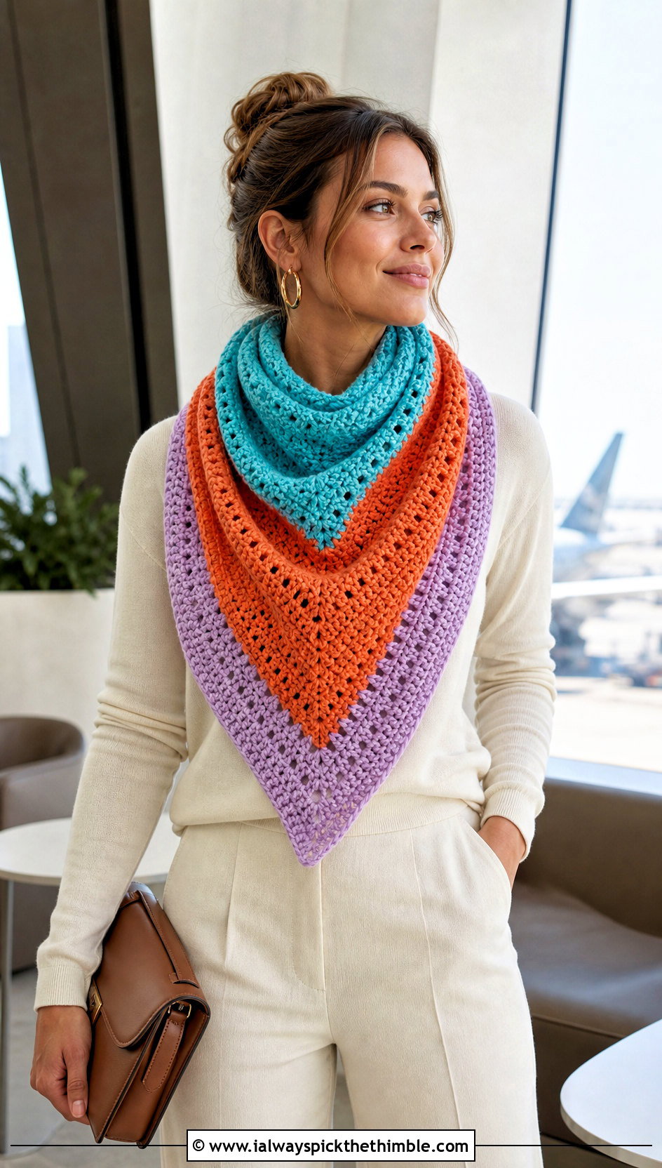 Color Block Crocheted Triangle Scarf With Monochrome Knit Set - 20 Crocheted Triangle Scarf outfit ideas