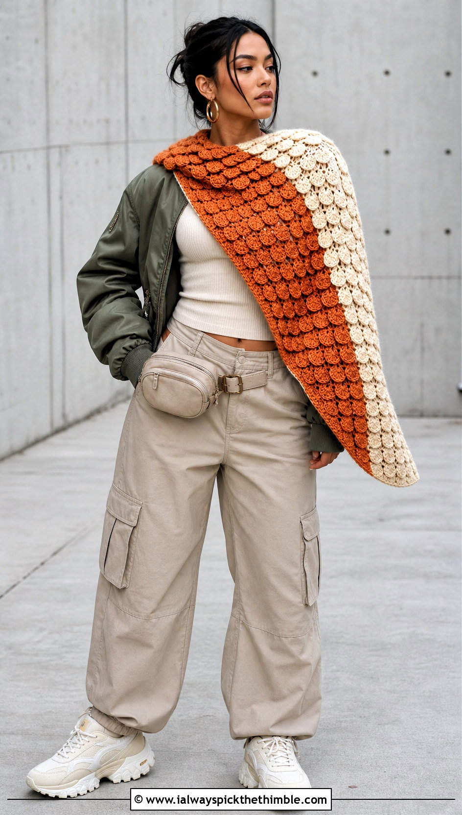 Color Block Crocodile Stitch Crochet Shawl With Cargo Pants - 15 crocodile stitch crochet shawl outfit ideas