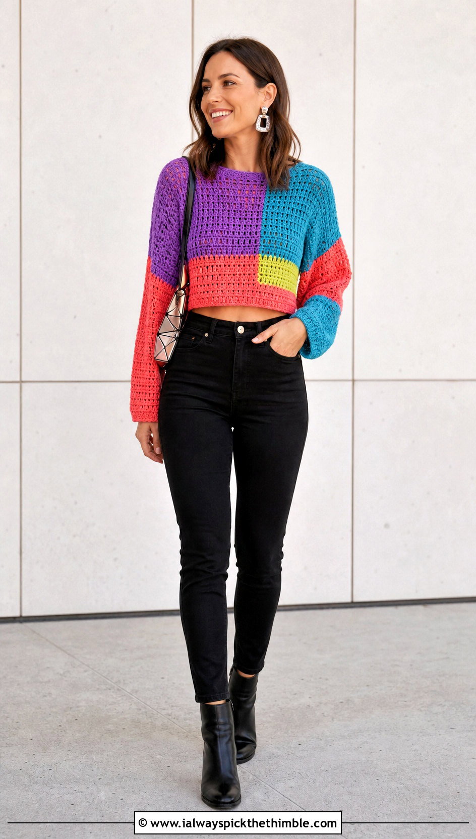 Color Block Cropped Crochet Sweater With Black Jeans - 25 crop crochet sweater outfit ideas
