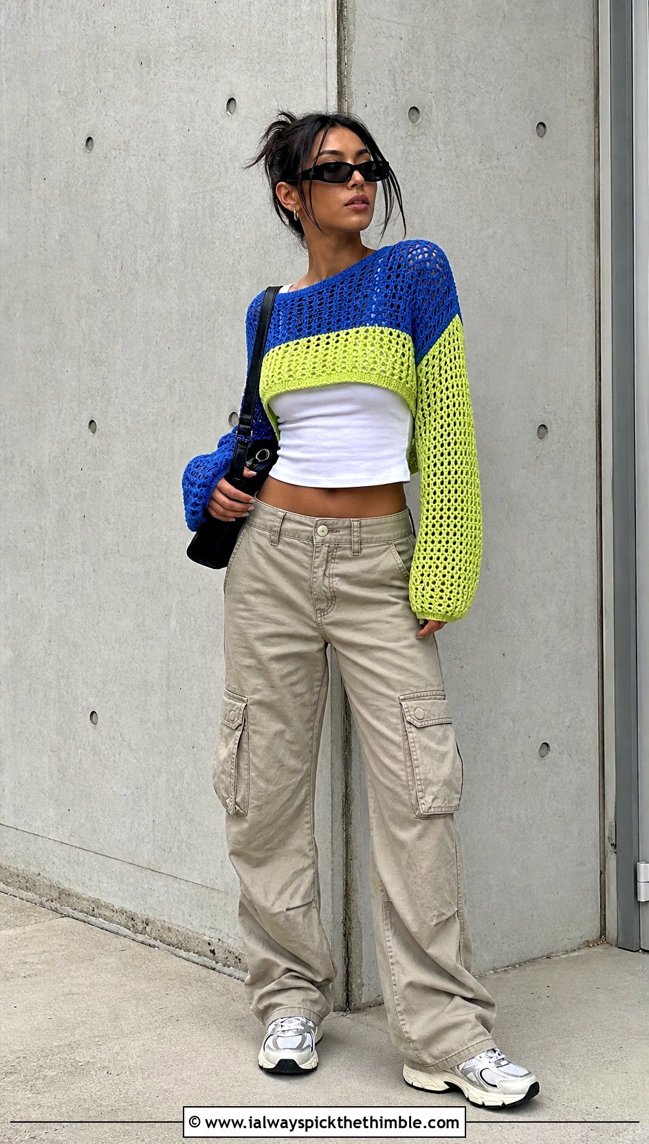 Color Block Cropped Crochet Sweater With Cargo Pants - 20 crocheted cropped sweater outfit ideas