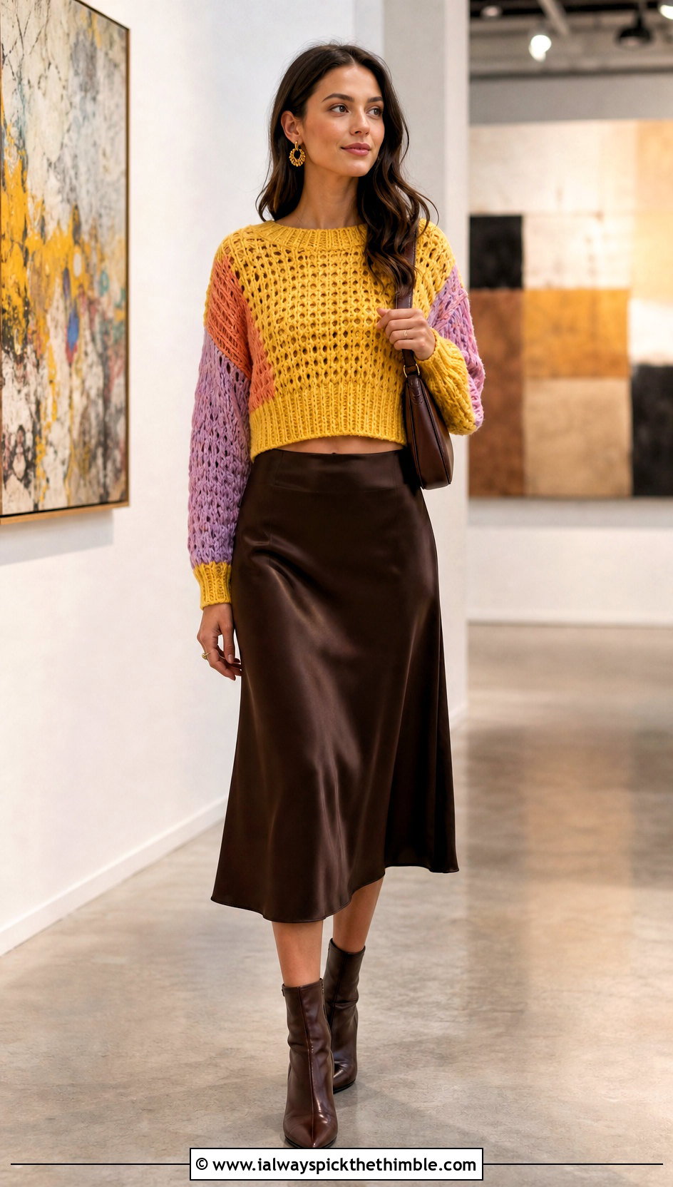 Color Block Cropped Crochet Sweater With Satin Midi Skirt - 25 colorful crochet sweater outfit ideas