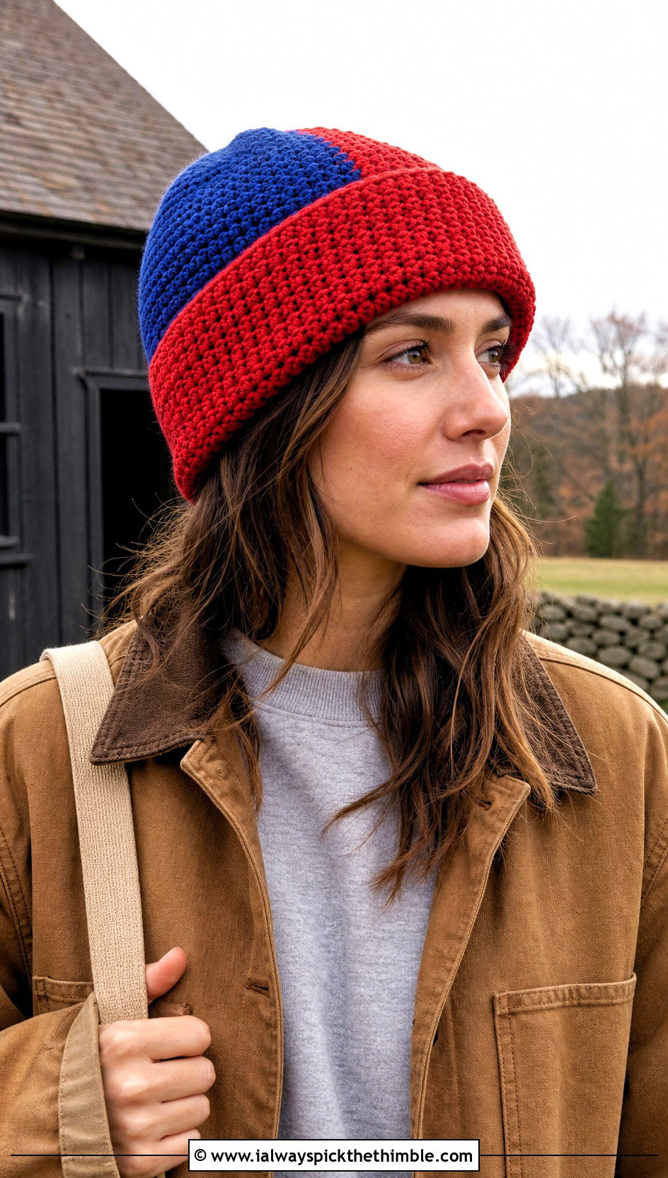 Color Block Cuffed Crochet Beanie With Barn Jacket And Chinos - 15 Cuffed Crochet Beanie outfit ideas