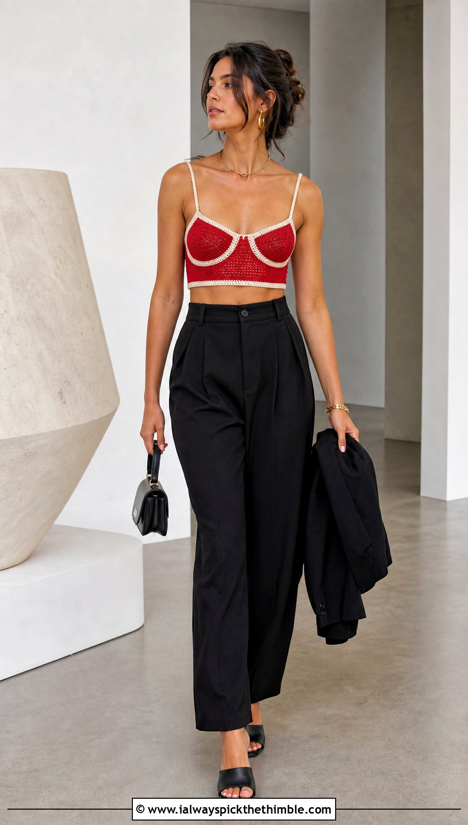 Color Block Cup Crochet Top With Black Trousers - 25 crochet cup top outfit ideas