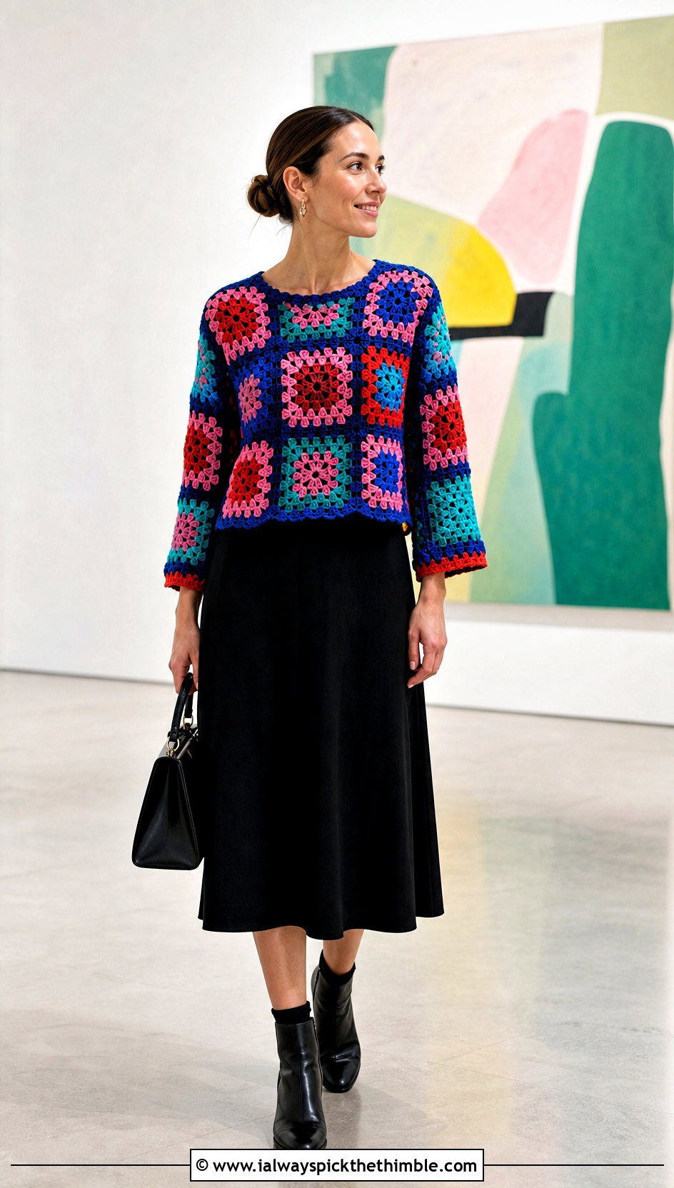Color Block Delilah Top With Black Midi Skirt - 20 crochet delilah top outfit ideas