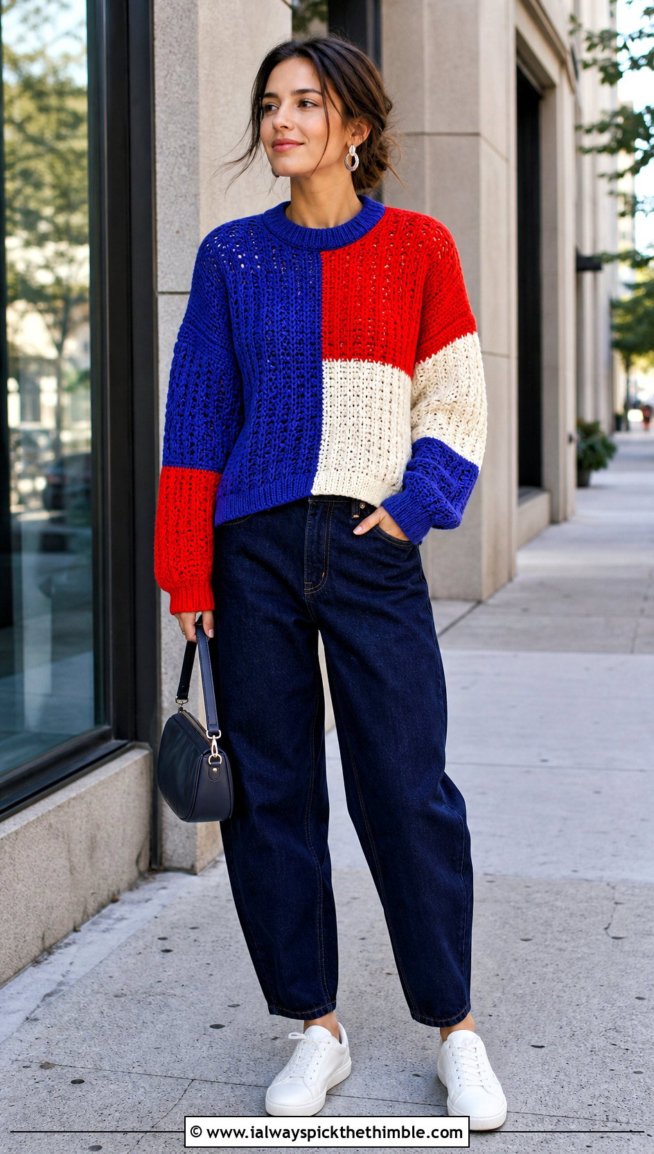 Color Block Designer Crochet Sweater With Barrel Jeans - 15 Designer Crochet Sweater outfit ideas