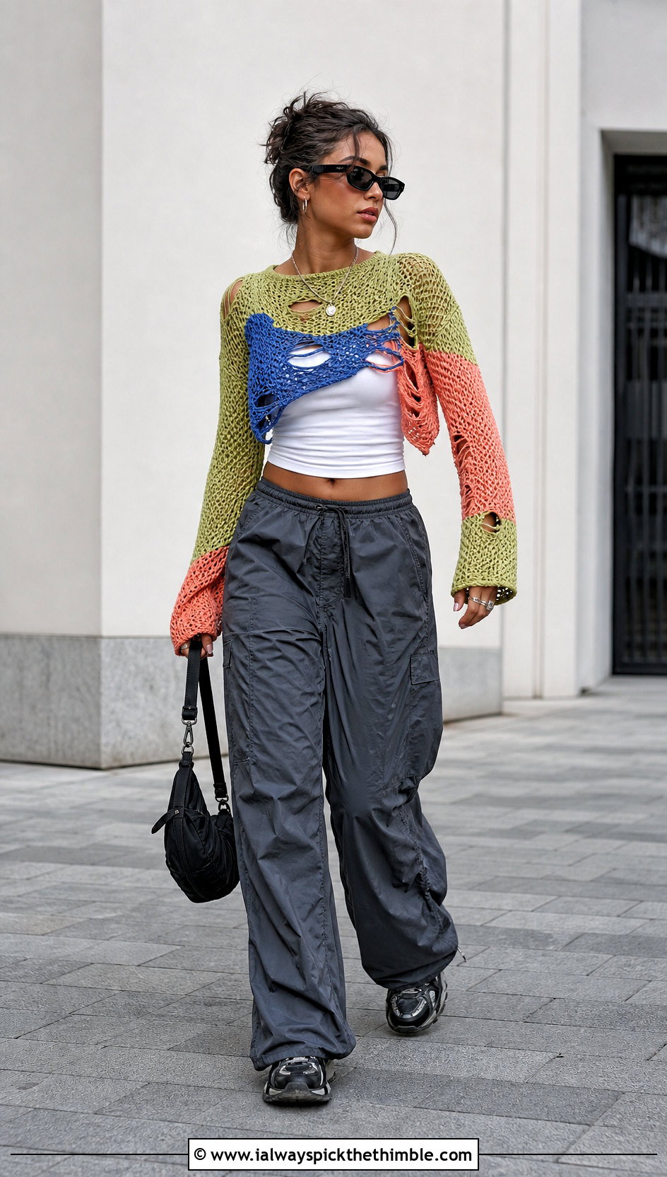 Color Block Distressed Crochet Sweater With Parachute Pants - 25 distressed crochet sweater outfit ideas