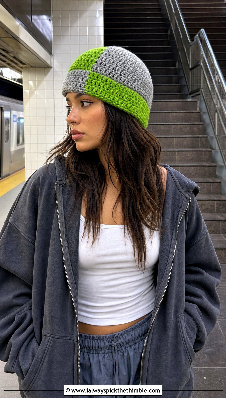 Color Block Double Crochet Beanie With Hoodie And Parachute Pants - 25 double crochet beanie outfit ideas