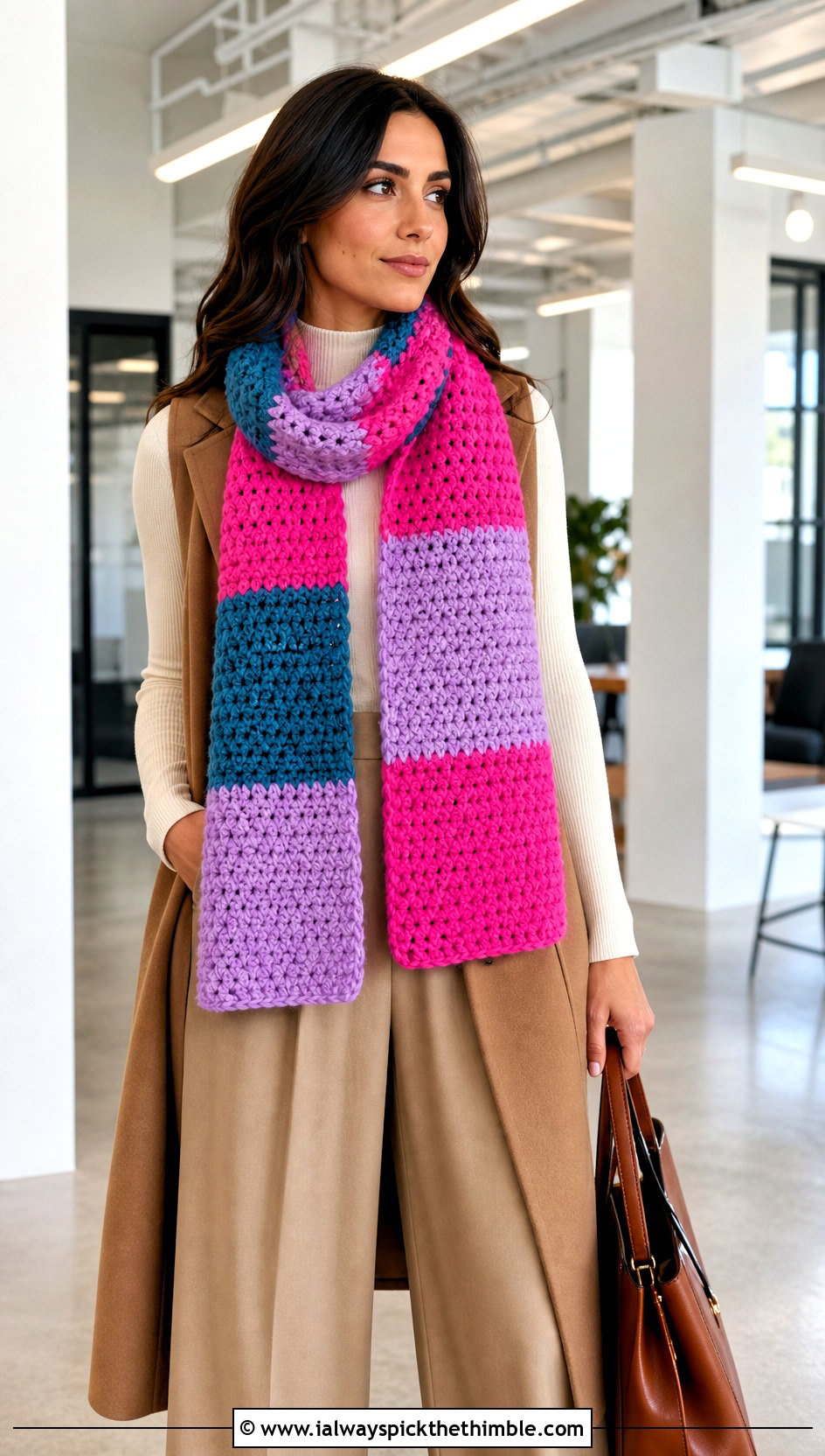 Color Block Double Crochet Scarf With Neutral Workwear - 25 double crochet scarf outfit ideas